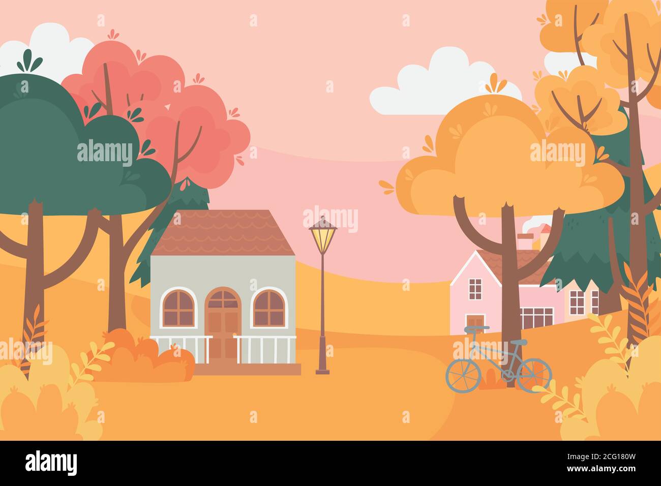 landscape in autumn nature scene, houses bicycle lamp post trees forest ...