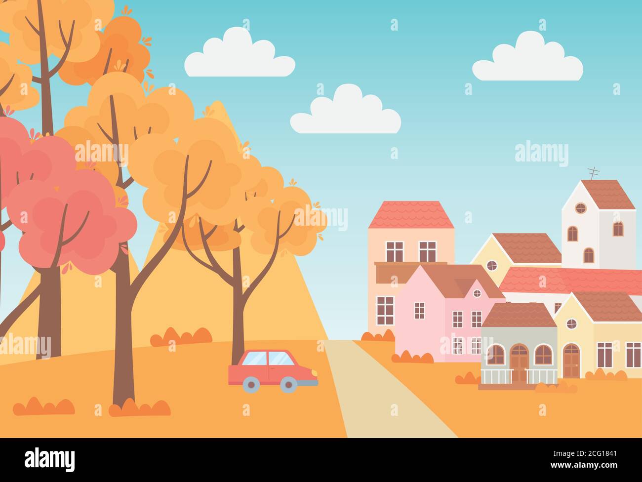 landscape in autumn nature scene, suburban houses car trees grass sky ...