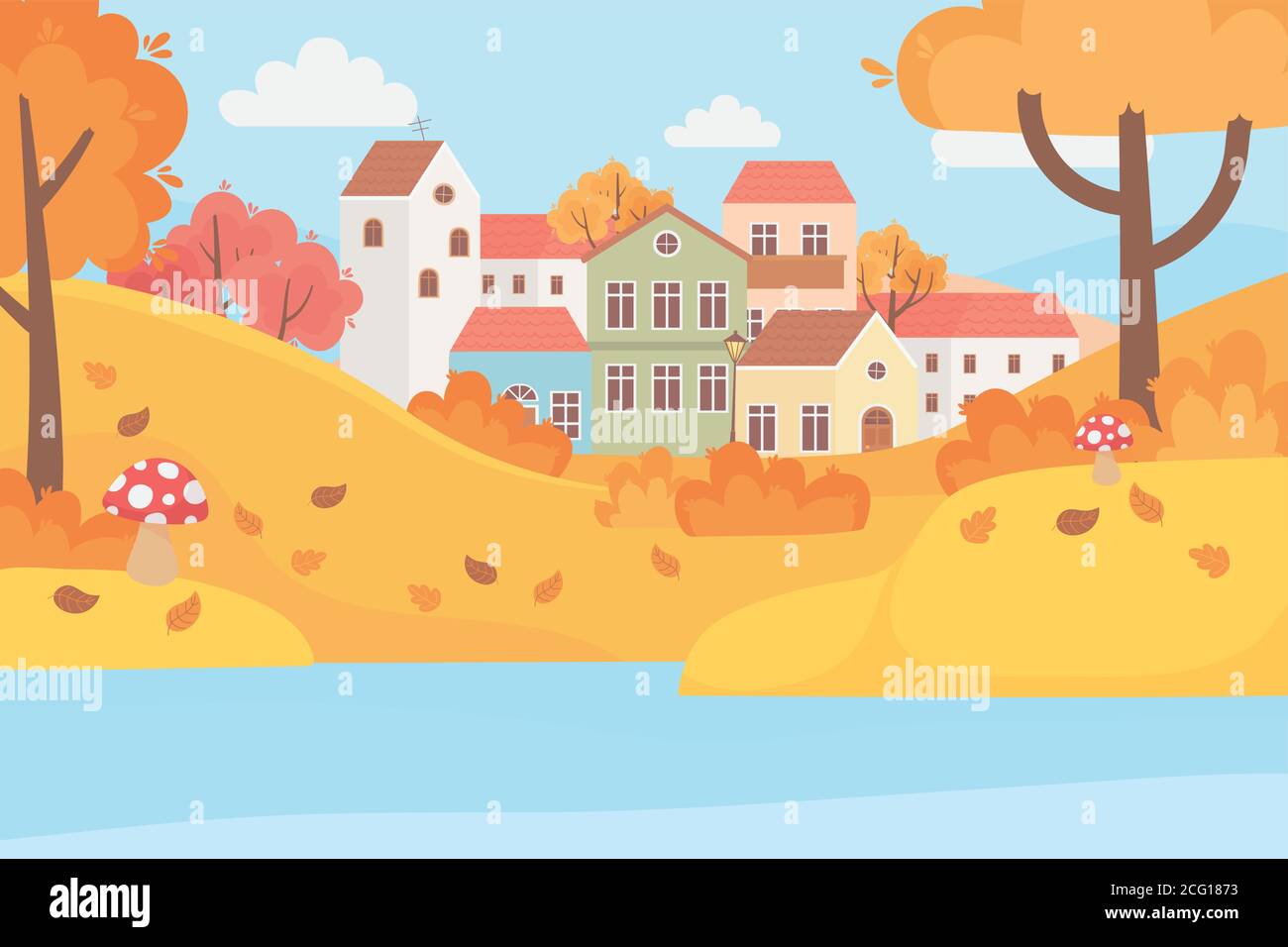 landscape in autumn nature scene, village houses trees leaves mushroom ...