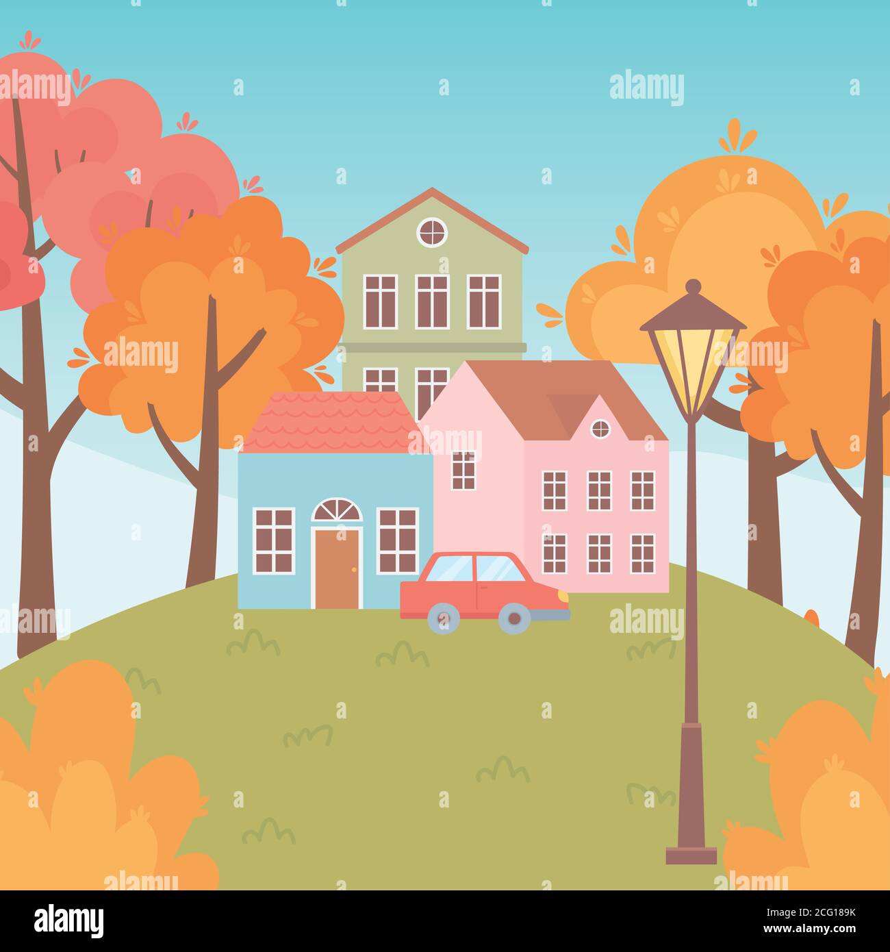 landscape in autumn nature scene, houses car trees lamp street in the ...