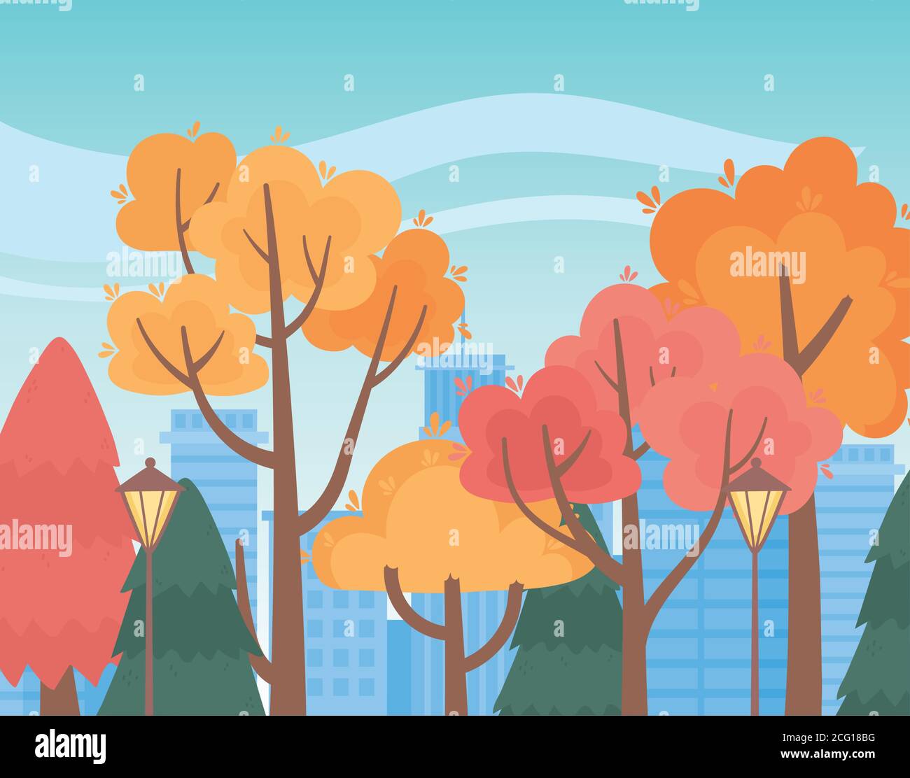 landscape in autumn nature scene, park trees lamps and cityscape vector ...