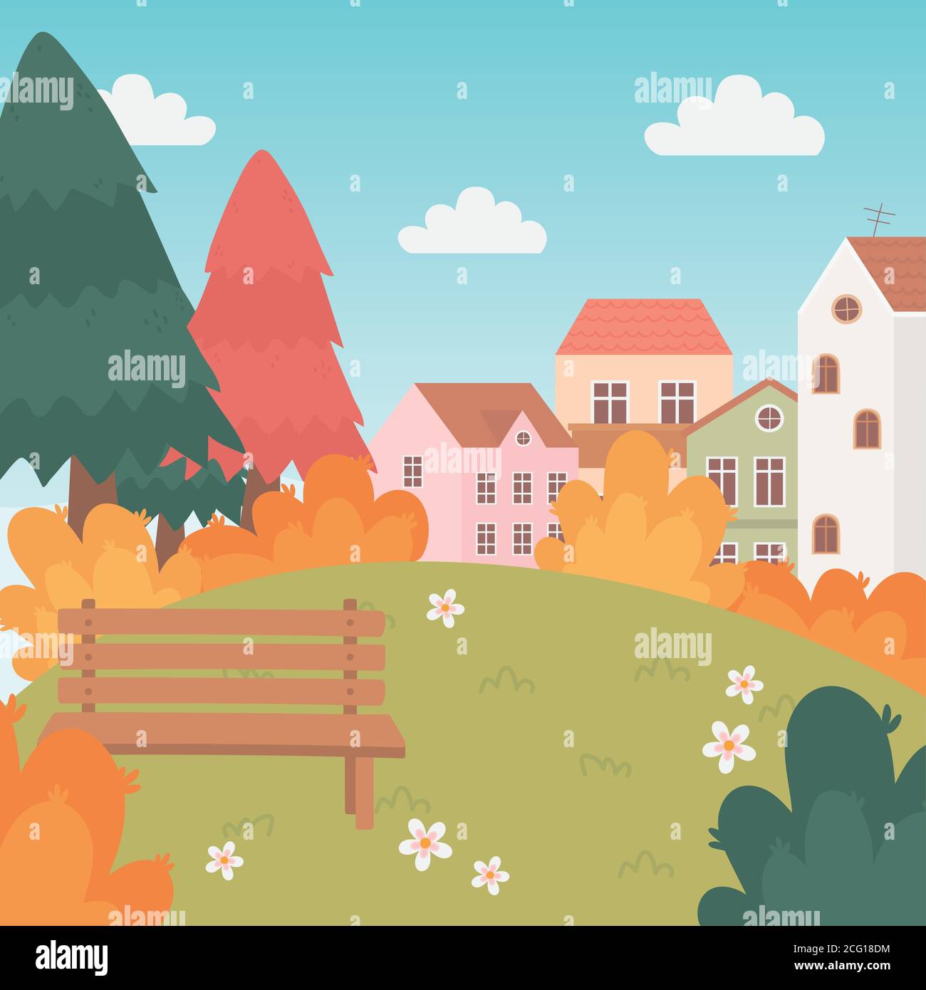 landscape in autumn nature scene, village houses bench trees flowers ...