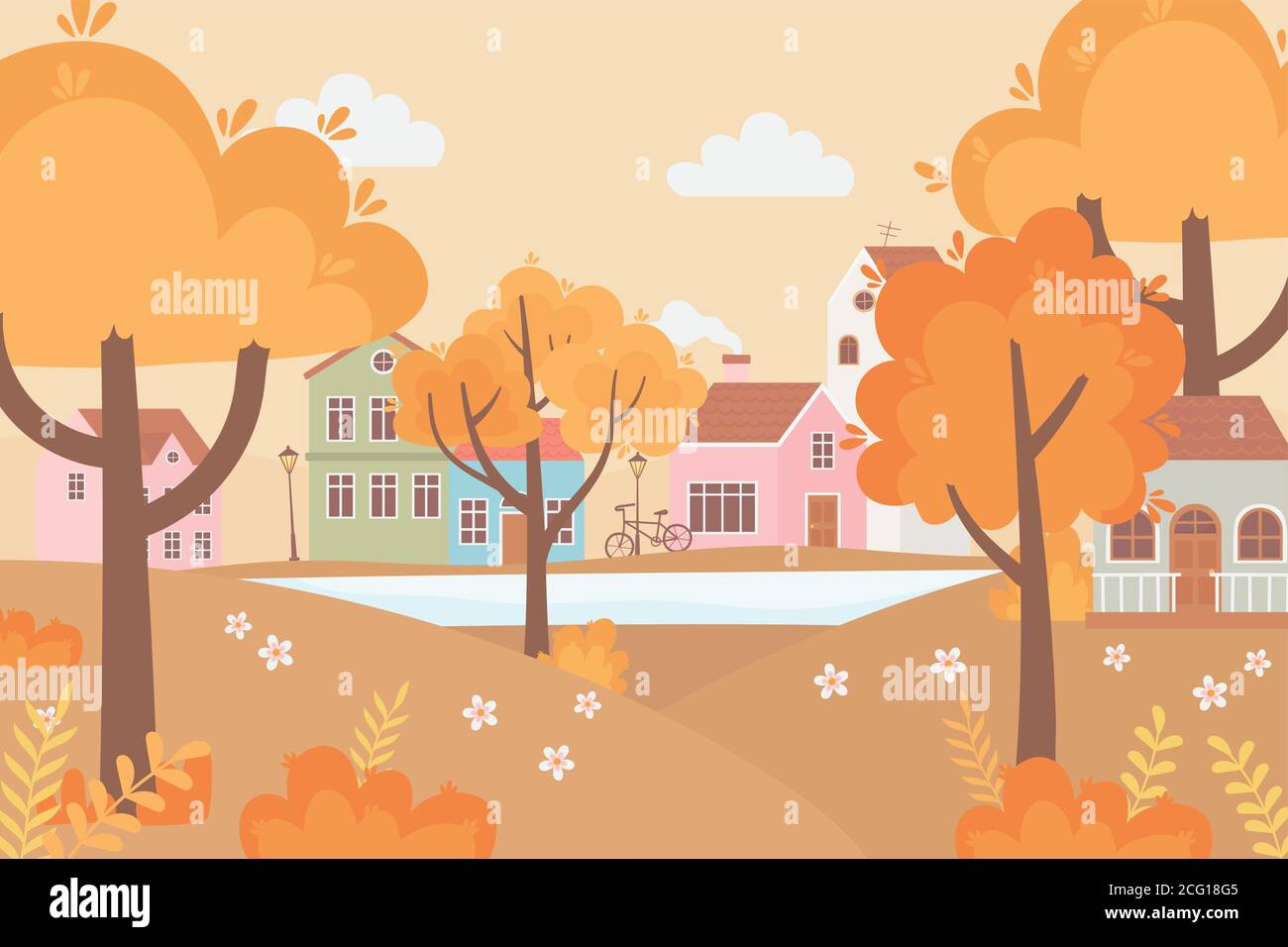 landscape in autumn nature scene, village street bicycle houses trees ...