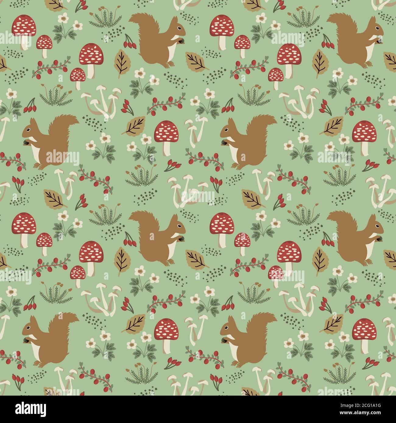 Seamless squirrel, mushrooms and berries pattern Stock Vector
