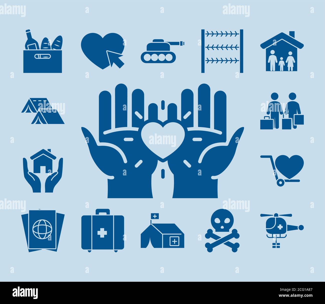 hands and humanitarian help icon set over blue background, silhouette style, vector illustration Stock Vector