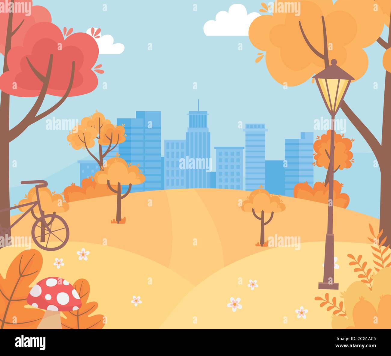 landscape in autumn nature scene, urban cityscape hills bicycle trees ...