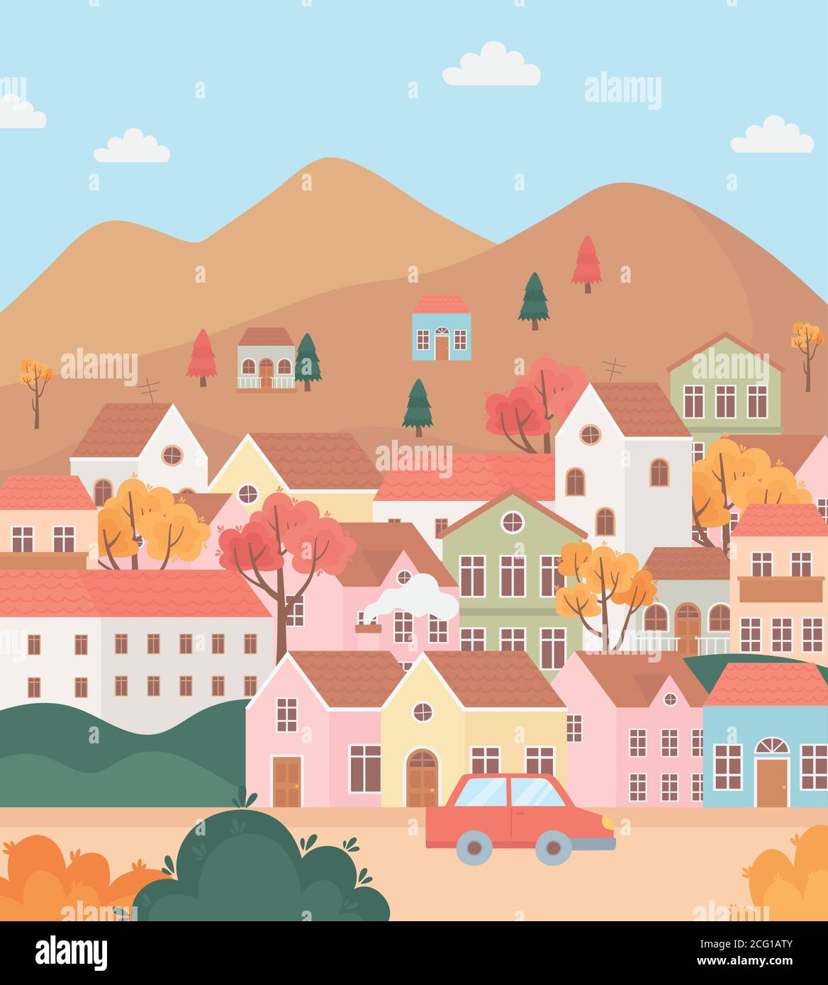 landscape in autumn nature scene, village houses cottage in the hills ...
