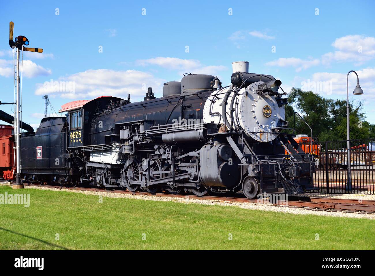Mendota, Illinois, USA. An old steam locomotive, 2-8-2 Mikado class engine, preserved on the grounds of the Union Depot Railroad Museum. Stock Photo