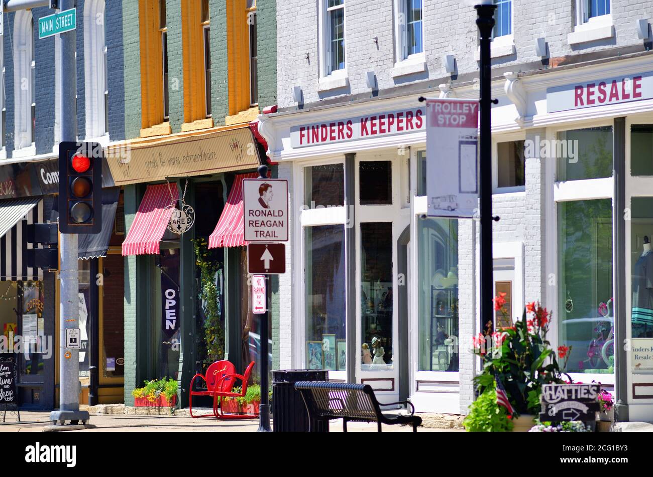 Princeton, Illinois, USA. Colorful business facades are part of a well maintained Main Street in downtown of a small north central Illinois community. Stock Photo