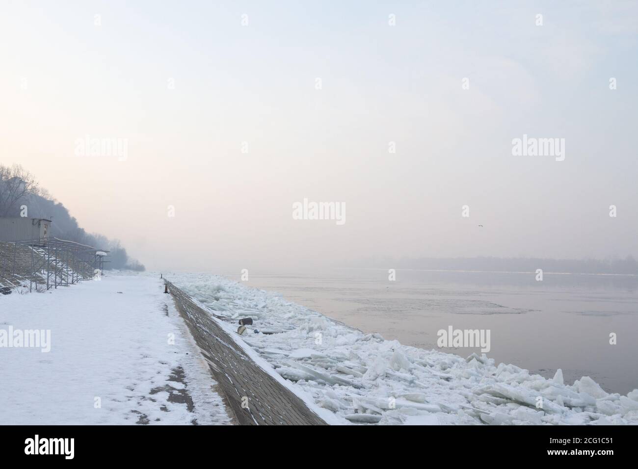 Zemunski kej, also called Zemun Quay, in belgrade, Serbia, durring a foggy afternoon with the
