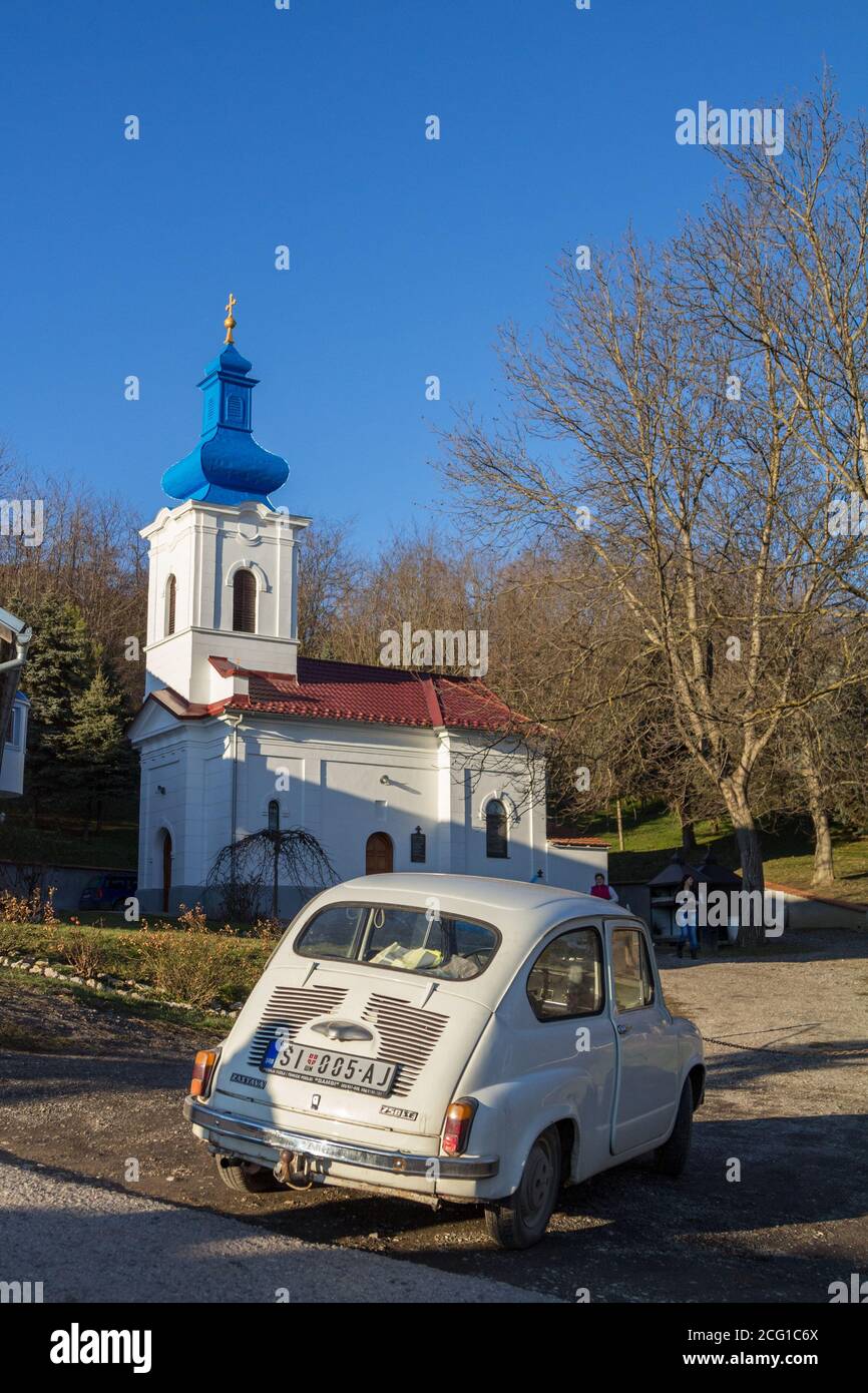 BERKASOVO, SERBIA - FEBRUARY 6, 2016: main church of the Sveta petka monastery, a Serbian orthodox monastery of the Fruska gora mountains and park, a Stock Photo
