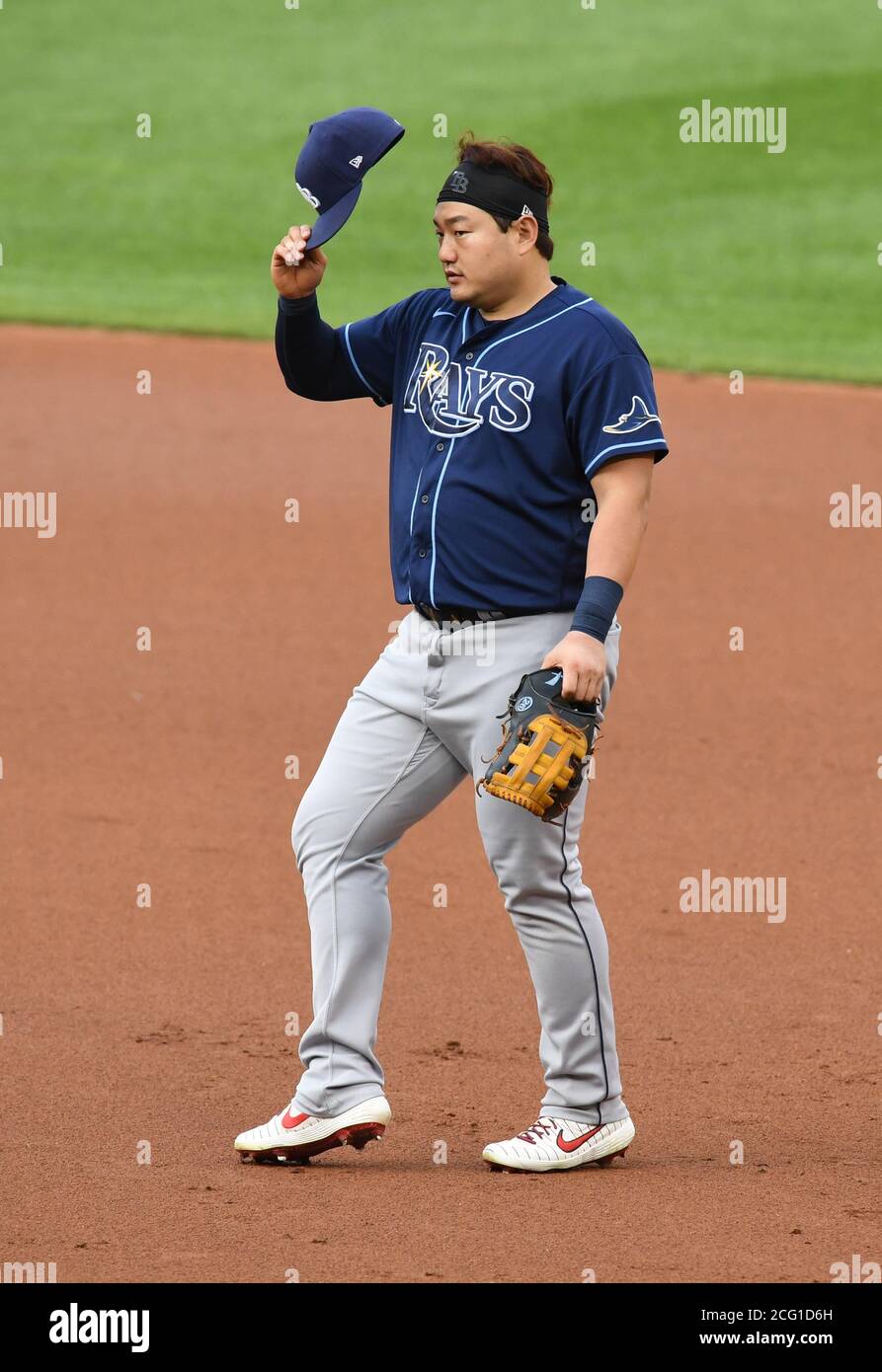 Washington, United States. 08th Sep, 2020. Tampa Bay Rays first baseman  Ji-Man Choi adjust his hat as he plays first base against Washington  Nationals in the first inning at Nationals Park in