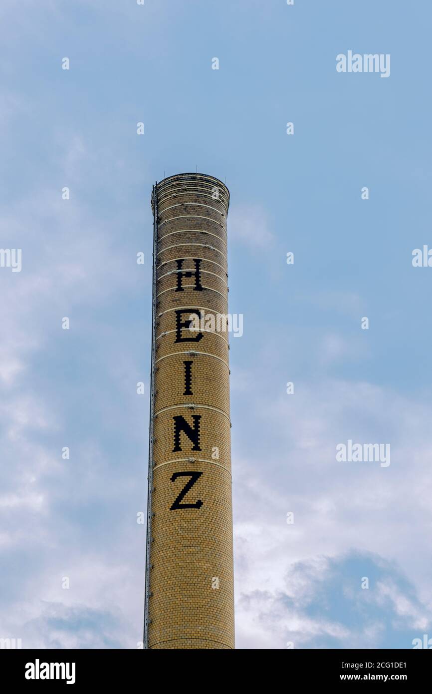 Former H. J. Heinz food processing plant smokestack, now owned by Highbury Canco in Leamington, Ontario, Canada Stock Photo