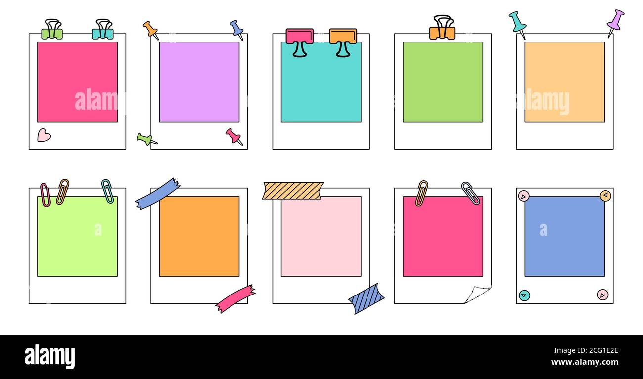 Polaroid photo frame line cartoon set. Notebook collection with paper clip,  push pins. Paper notes memo messages with elements planning. Various tag  business office, writing reminds. Isolated vector Stock Vector Image &