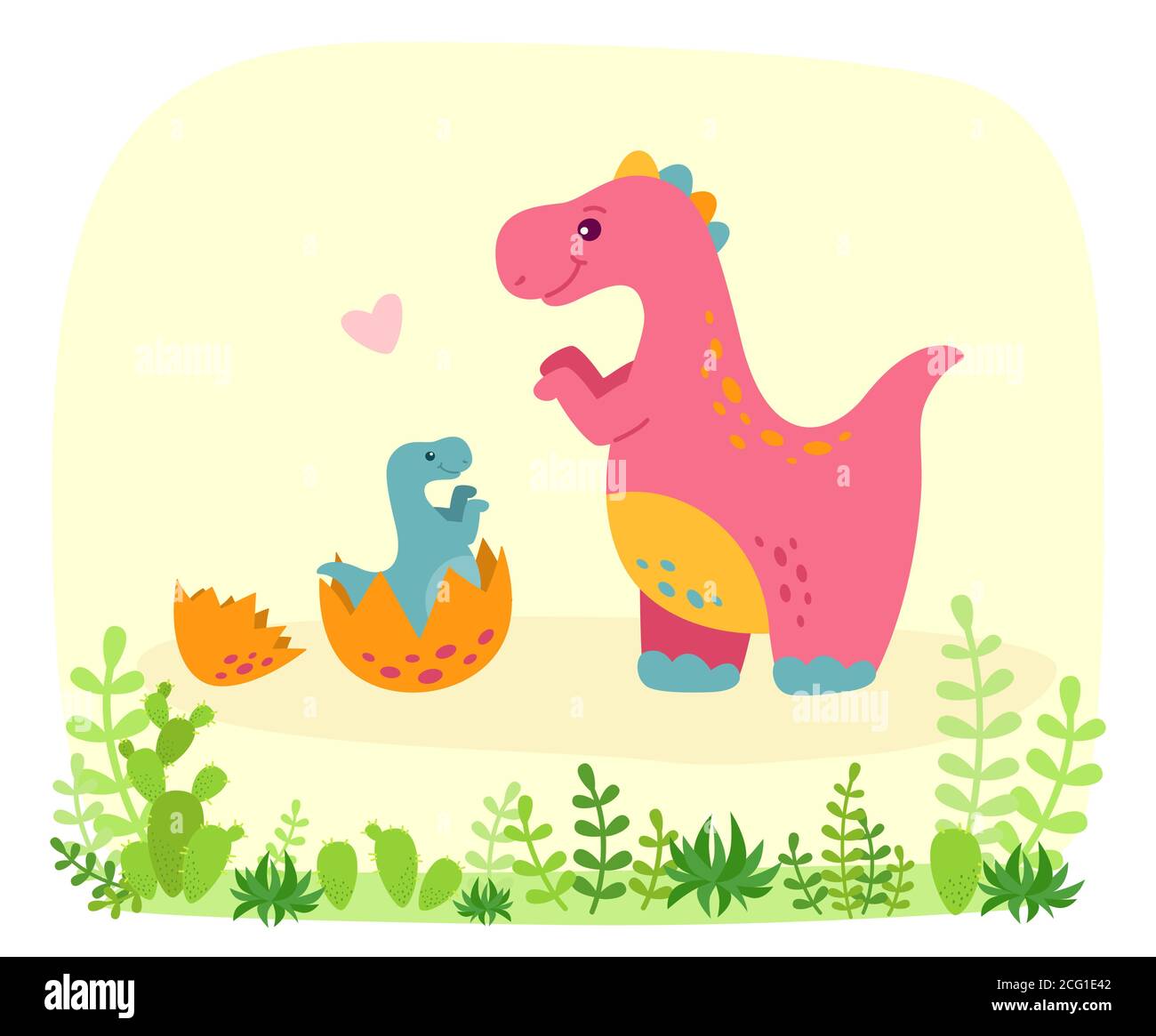 Dinosaur with baby dino, cartoon style. Funny Tyrannosaurus rex with plants and cactus. Colorful cute funny kids illustration. Vector isolated on white background Stock Vector