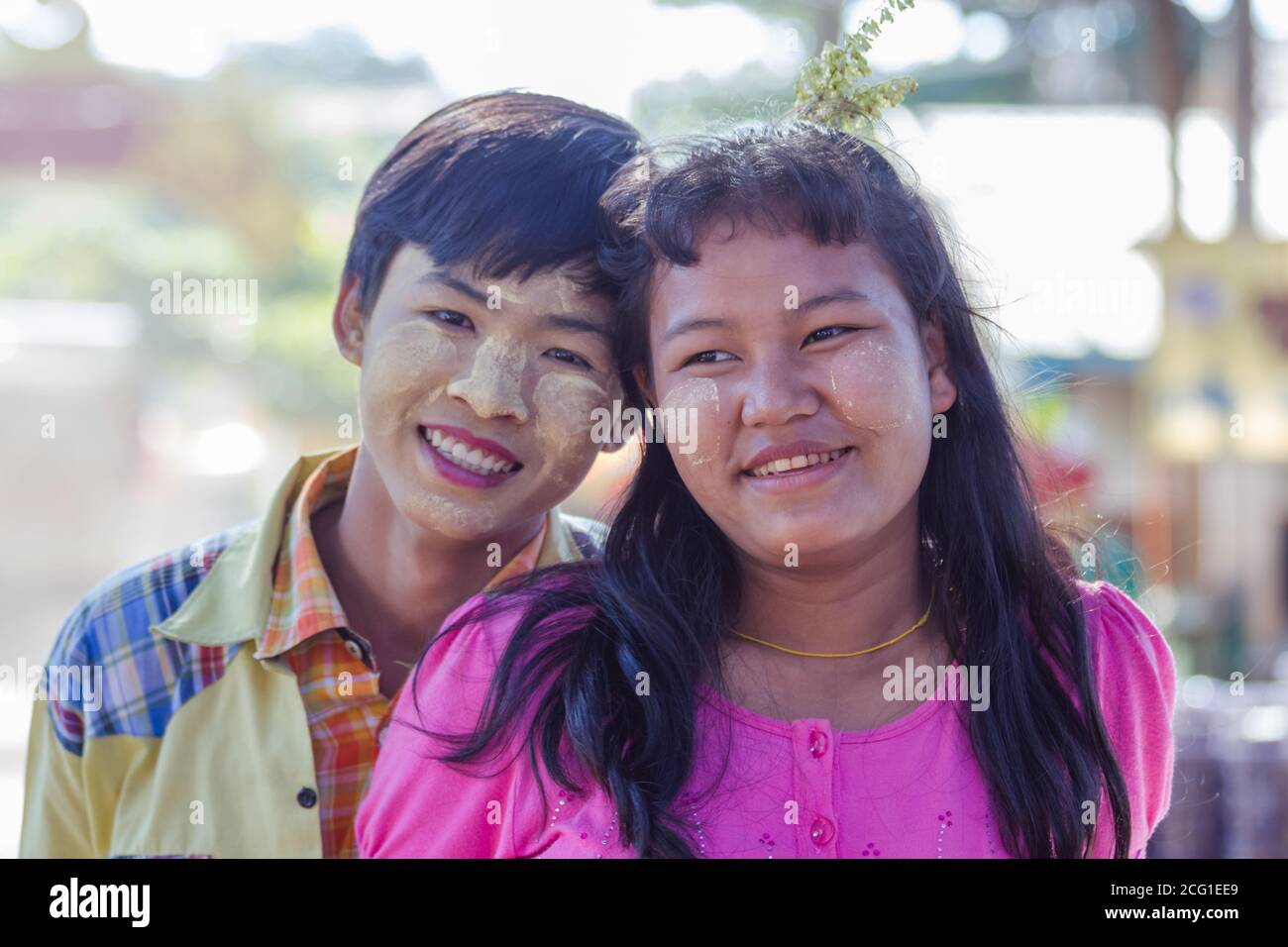 Mawlamyine, Myanmar. November 30, 2016 : A portrait of unidentified young Burmese boy, covered with thanaka paste. High quality photo Stock Photo
