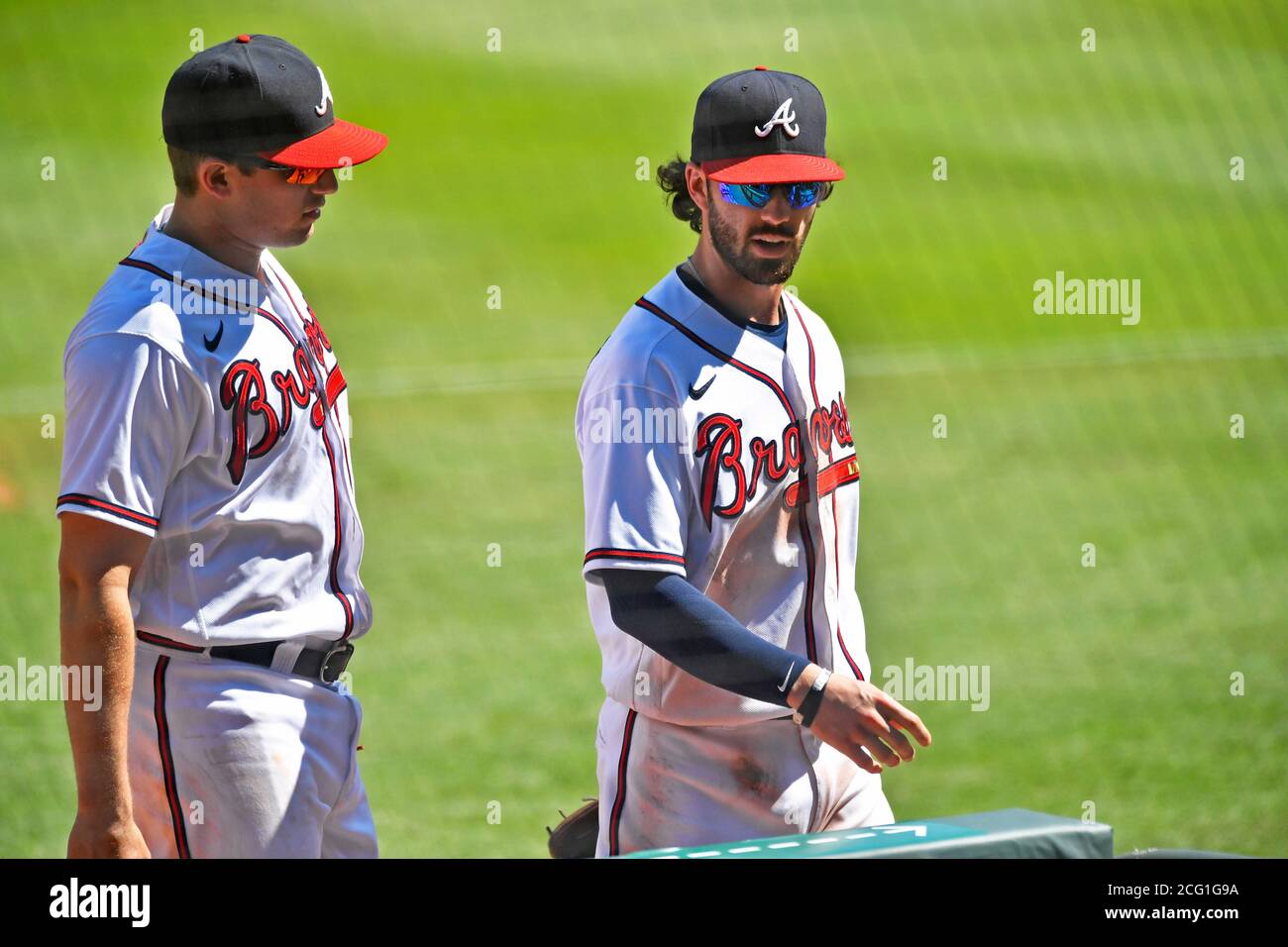 Atlanta, GA, USA. 07th Sep, 2020. Braves shortstop Dansby Swanson (right)  talks with third baseman Austin Riley (left) as they walk towards the  dugout during the sixth inning of a MLB game