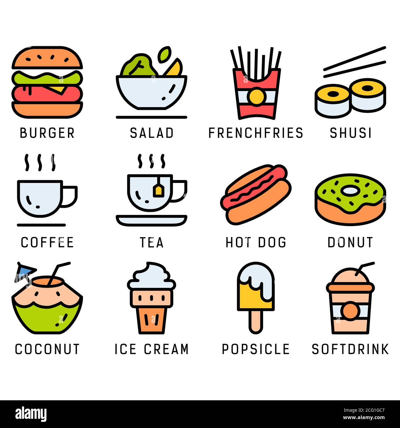 Food and drink icon set with lineal color style in isolated white background. Food and drink vector icon set, burger, coconut, salad, hotdog, shusi Stock Vector