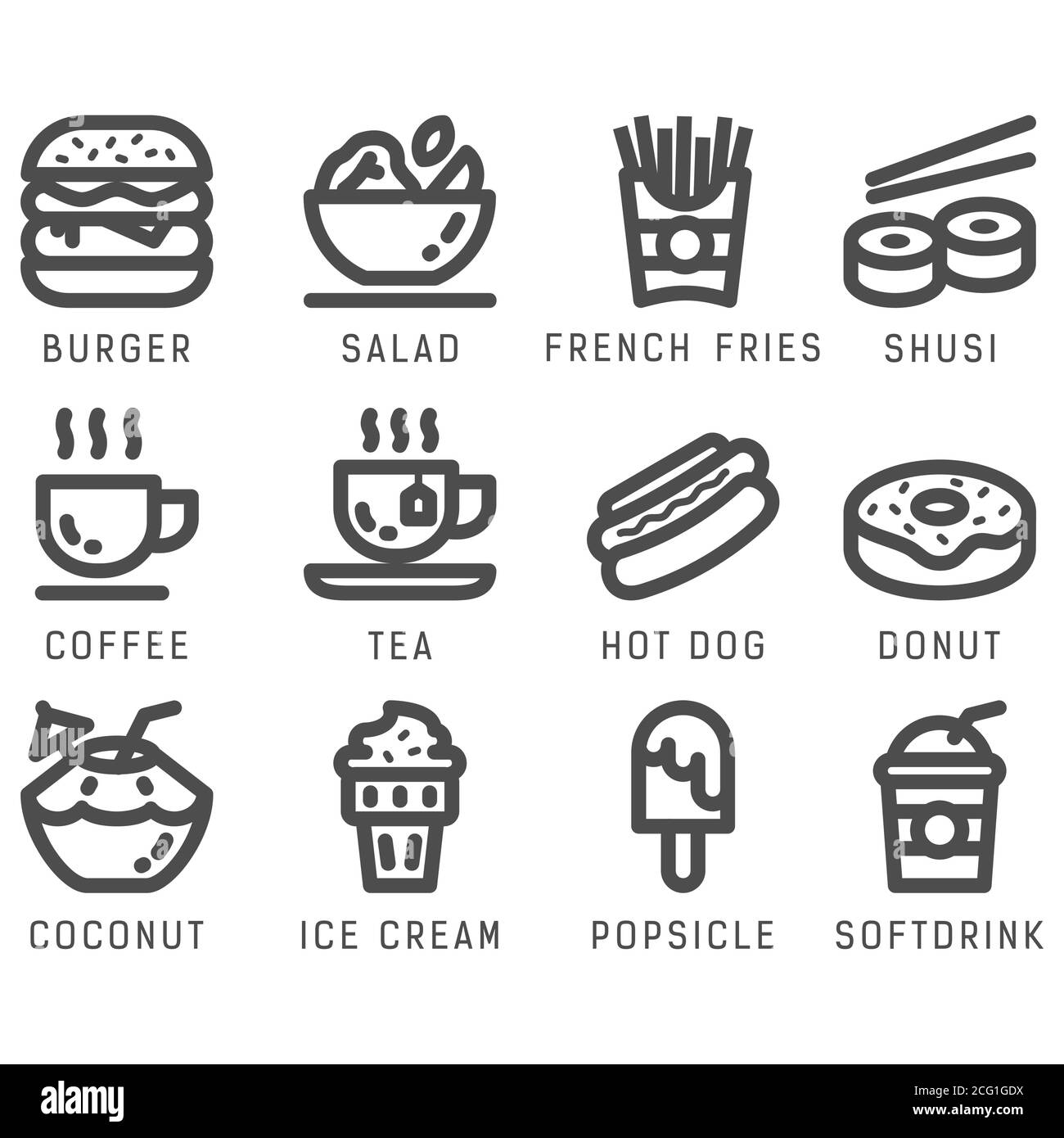 Food and drink icon set with line style in isolated white background. Food and drink vector icon set, burger, coconut, salad, hotdog, shusi, softdrink Stock Vector