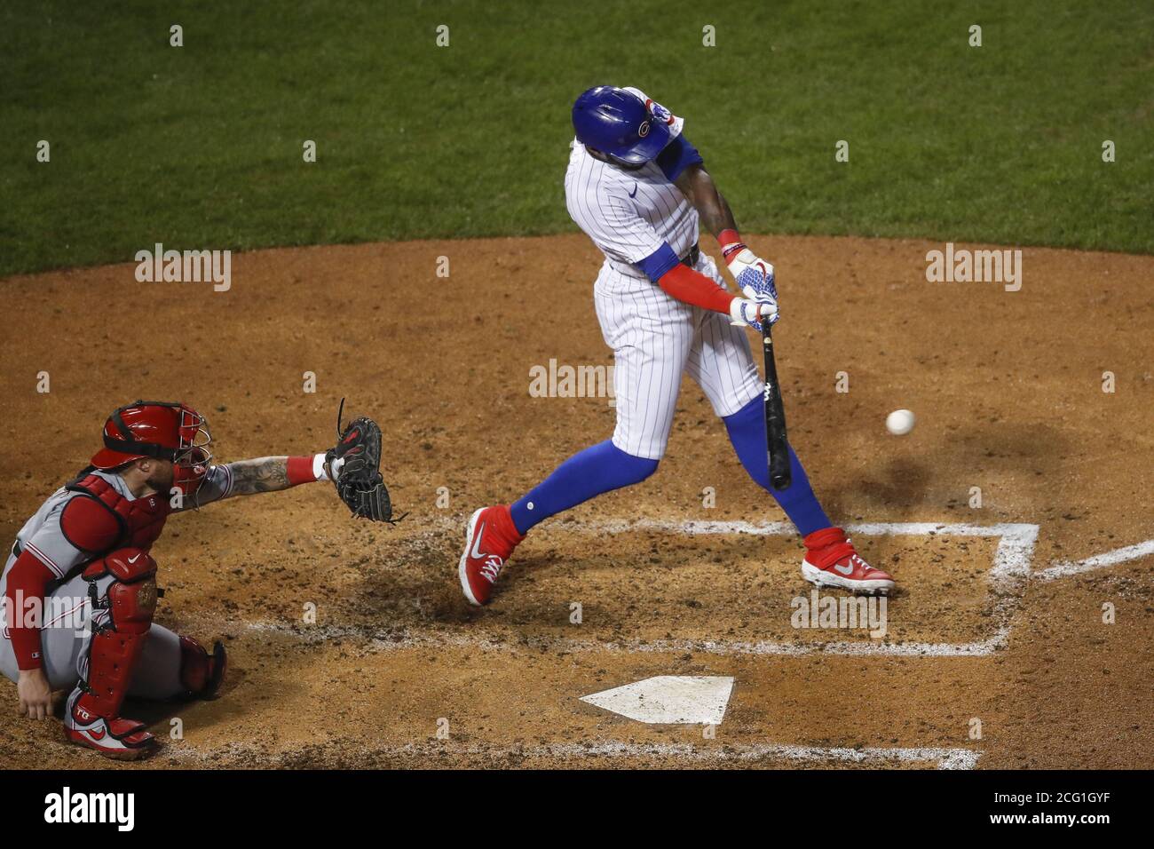Chicago, United States. 08th Sep, 2020. Chicago Cubs left fielder Cameron Maybin (15) singles against the Cincinnati Reds in the fifth inning at Wrigley Field on Tuesday, September 8, 2020 in Chicago. Photo by Kamil Krzaczynski/UPI Credit: UPI/Alamy Live News Stock Photo