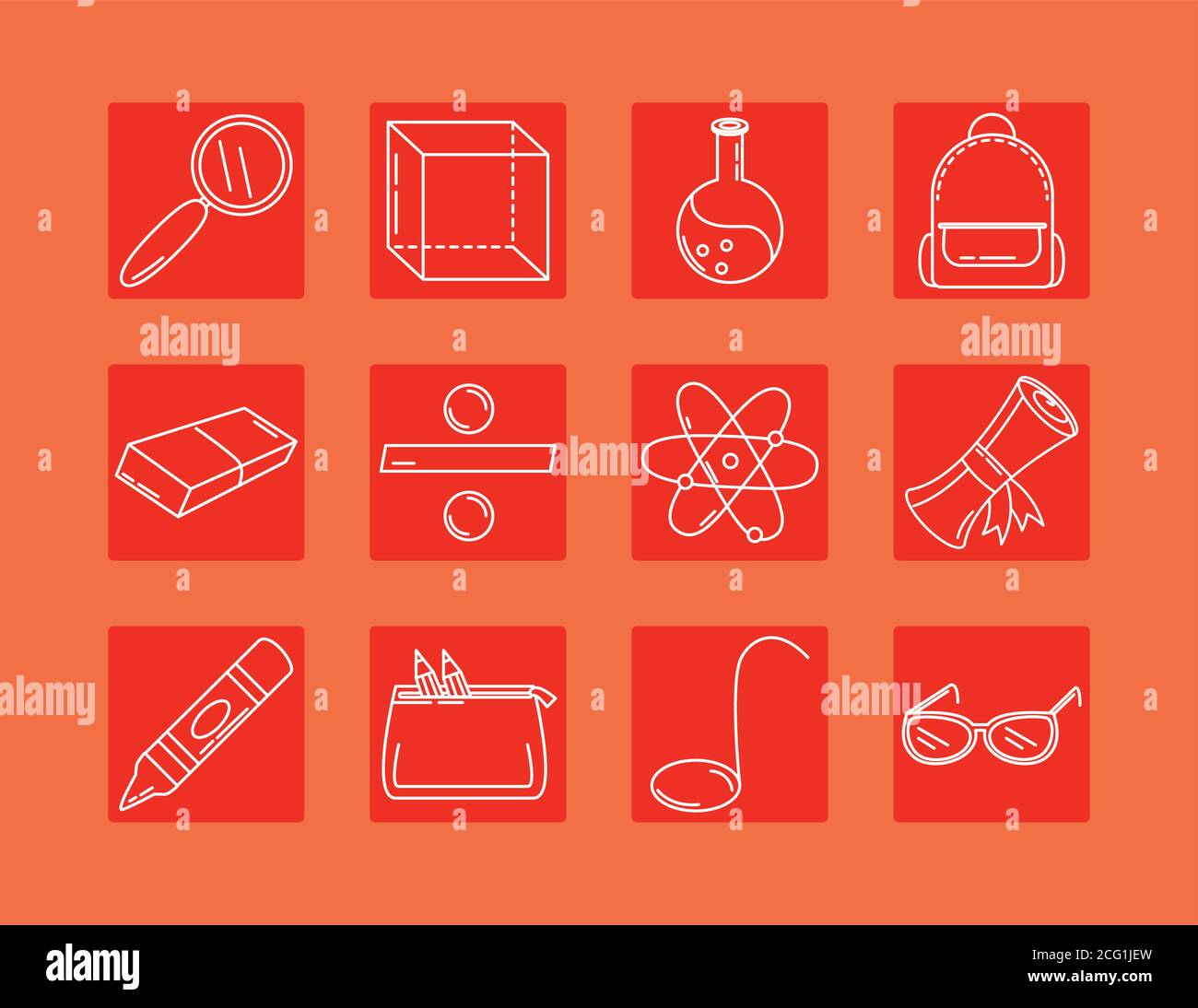 back to school, supplies elementary education block and line icons ...