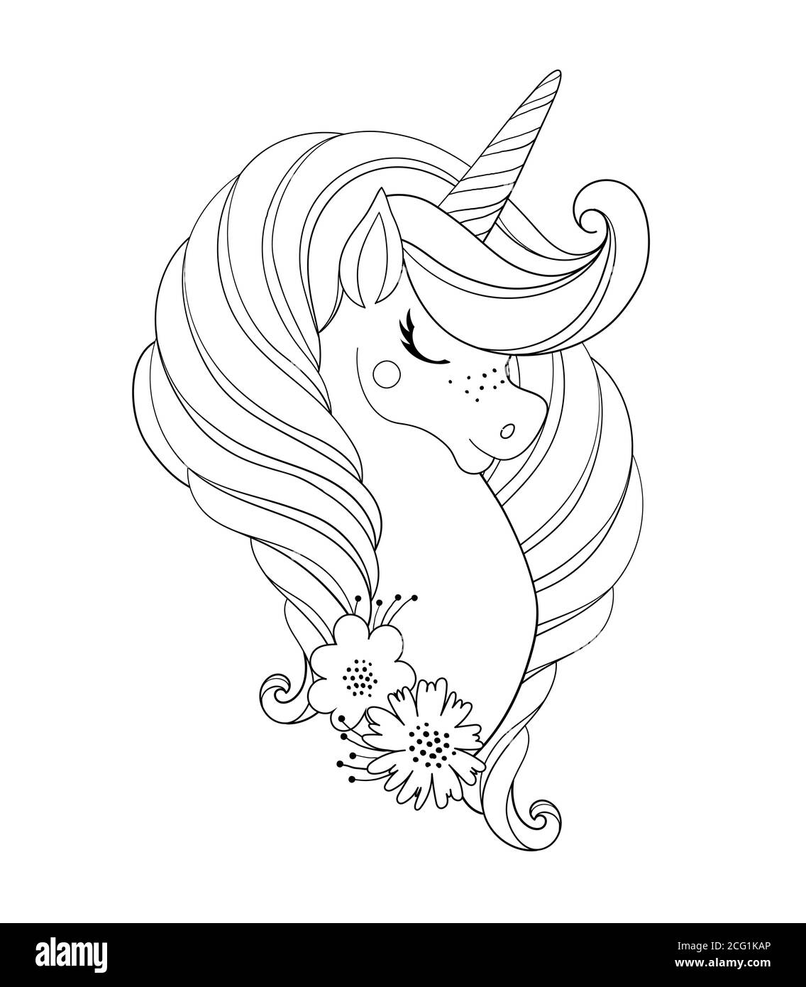 Unicorn head with flowers. Beautiful portrait of a magic horse. Drawing coloring book for a girl, linear sketch for design. Vector doodle illustration isolated on white background Stock Vector