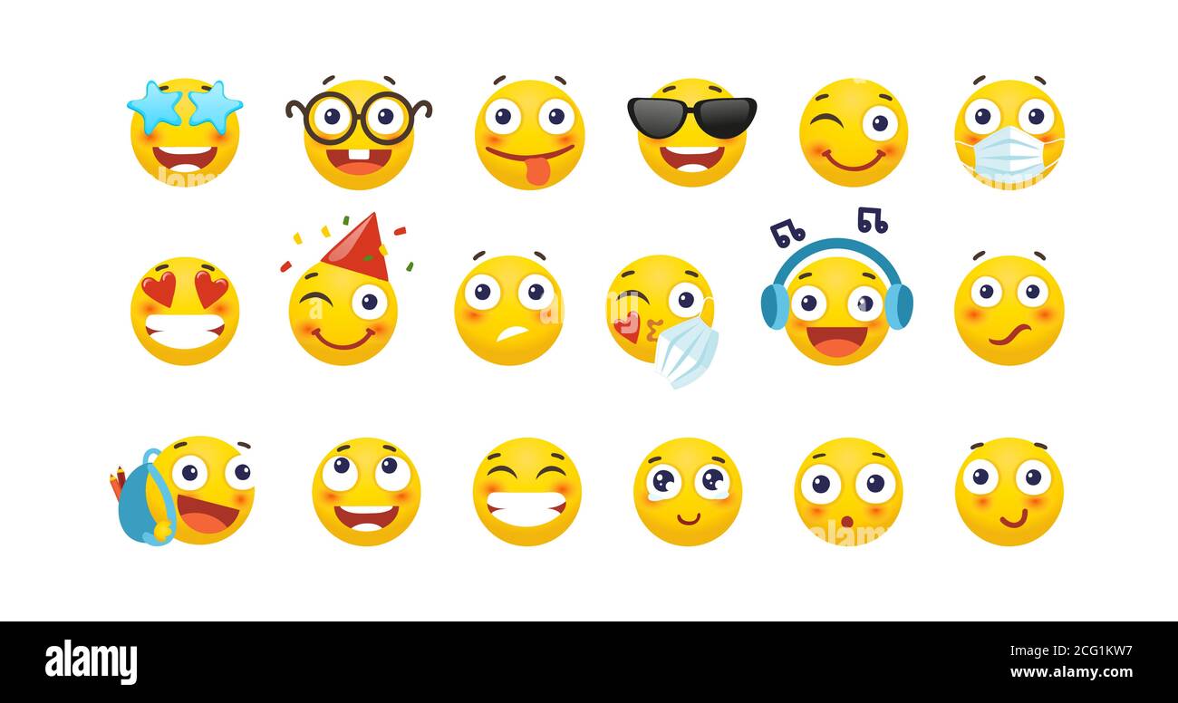 Set of cute emoticons. Yellow round emoji with different emotions, love, happiness, sadness, holiday, trendy, wink. Set of characters in a flat style Stock Vector