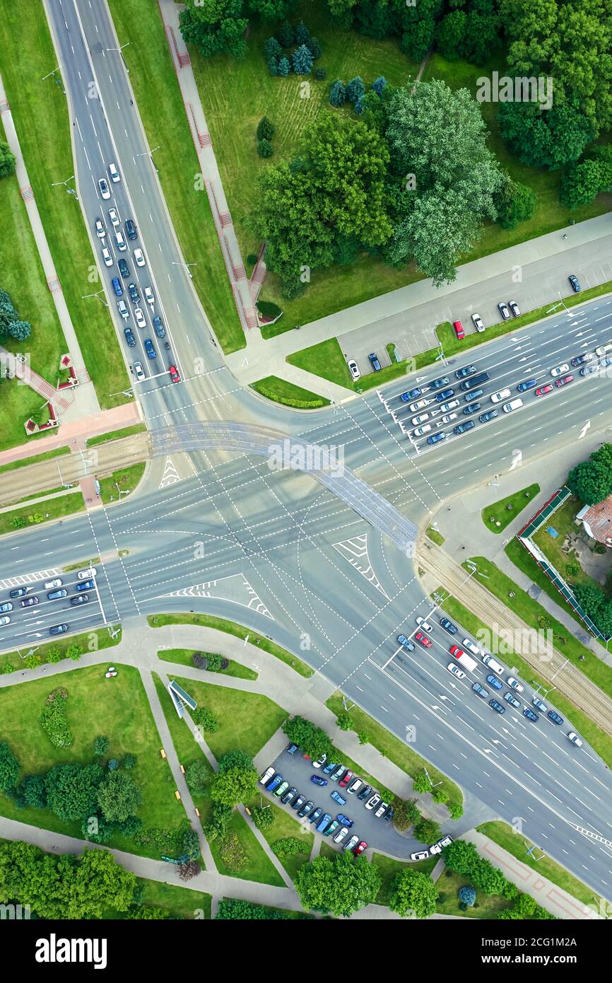 urban landscape - crossroads with car traffic in residential area. top view aerial photo Stock Photo