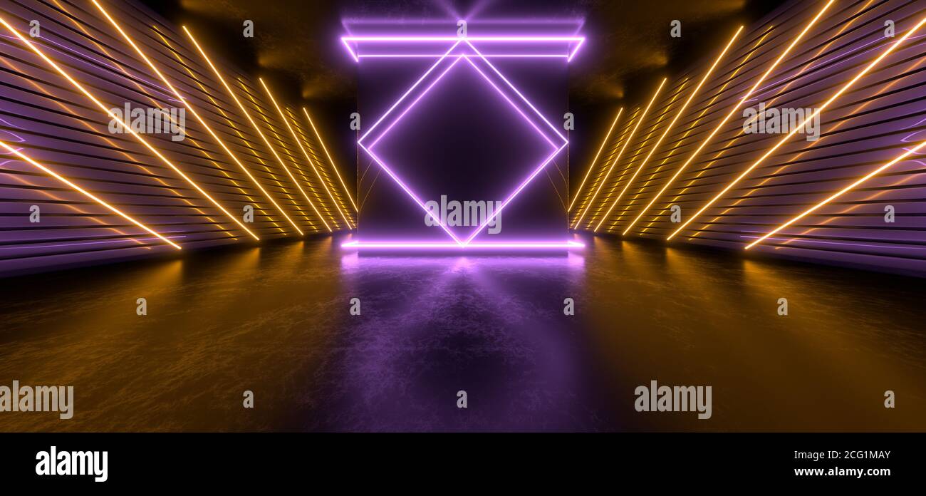 Dark hall with bright colored neon lights. Empty black space for text. Blurry reflections on the floor. Abstract black background. 3D rendering image. Stock Photo