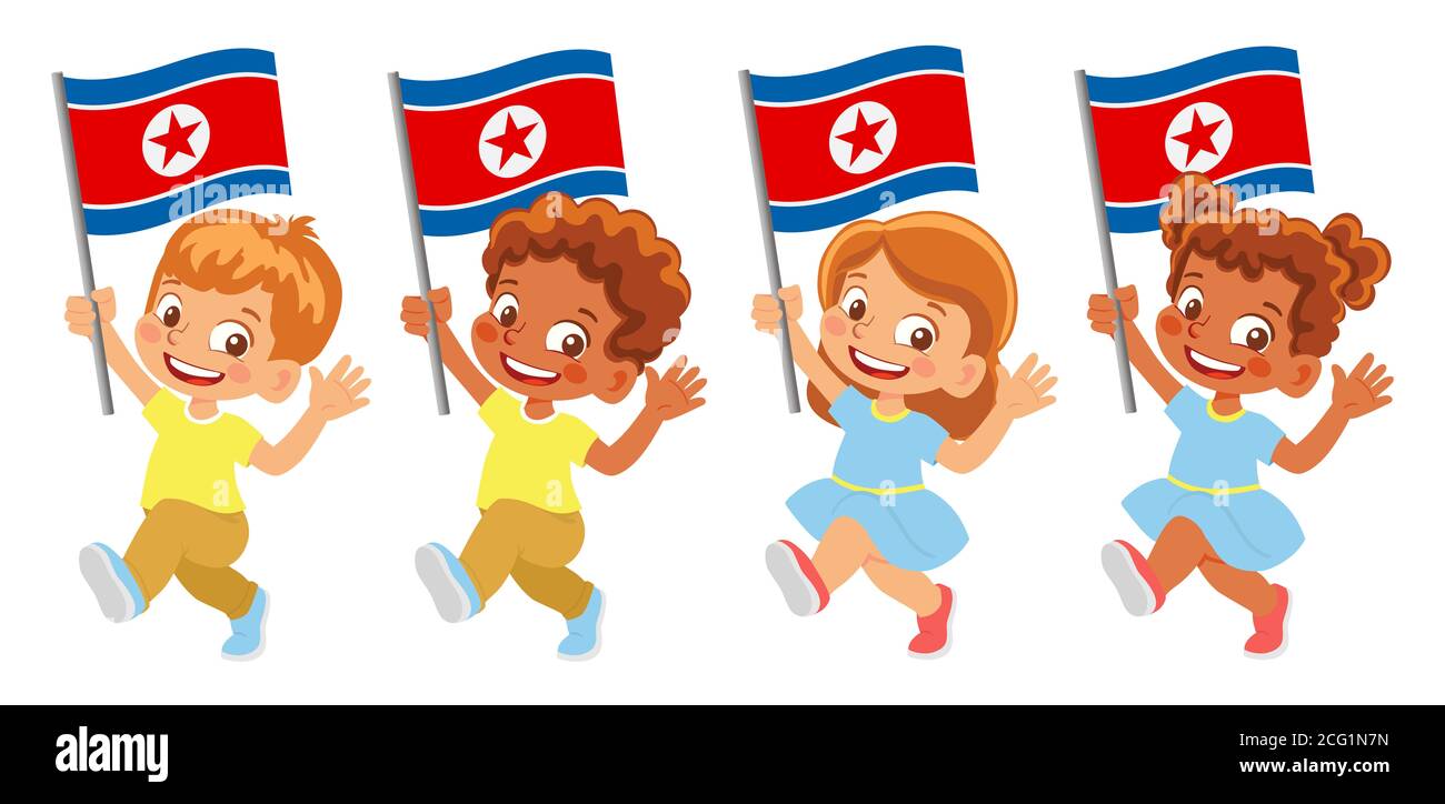 North Korea flag in hand set Stock Photo