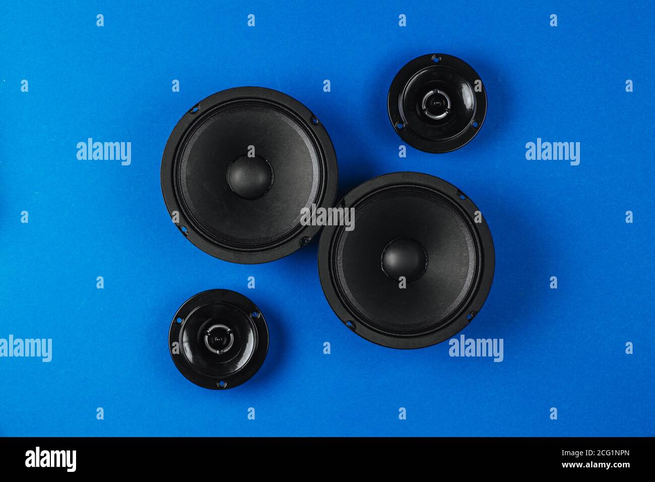 Car audio, car speakers, on a blue background. Copy space Stock Photo