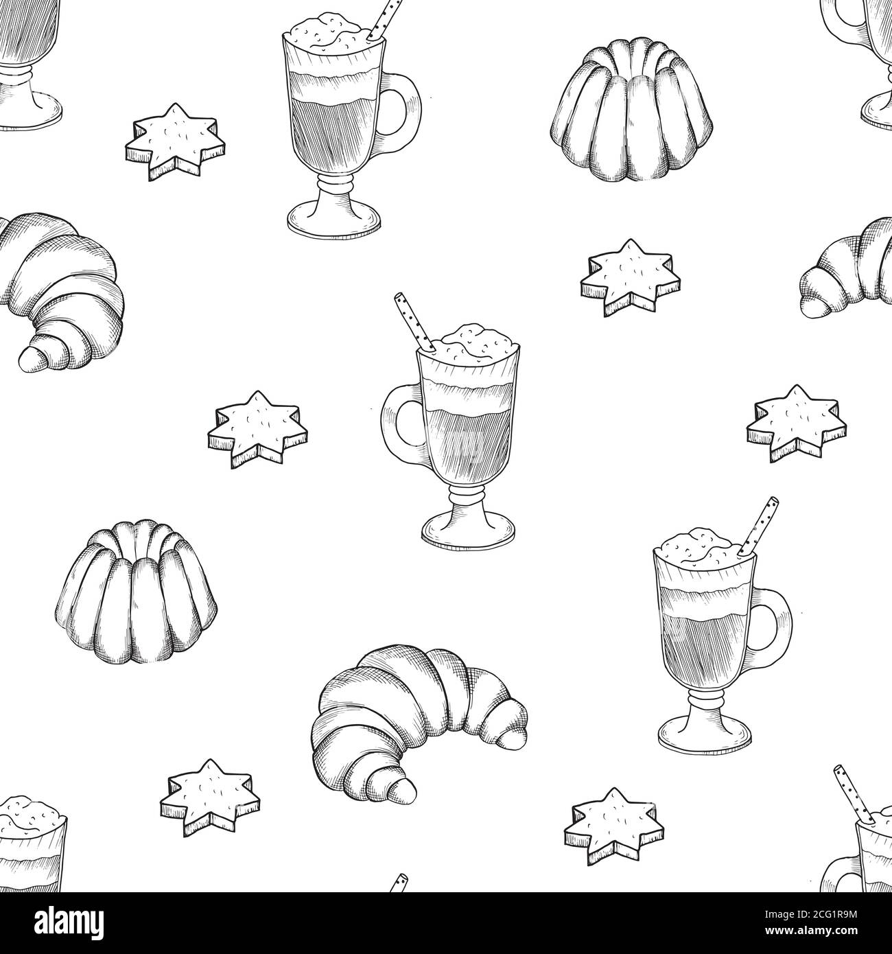 Hand drawn seamless pattern with desserts. Coffee, cocoa, biscuits, cupcake, biscuit cookies. Stock Vector