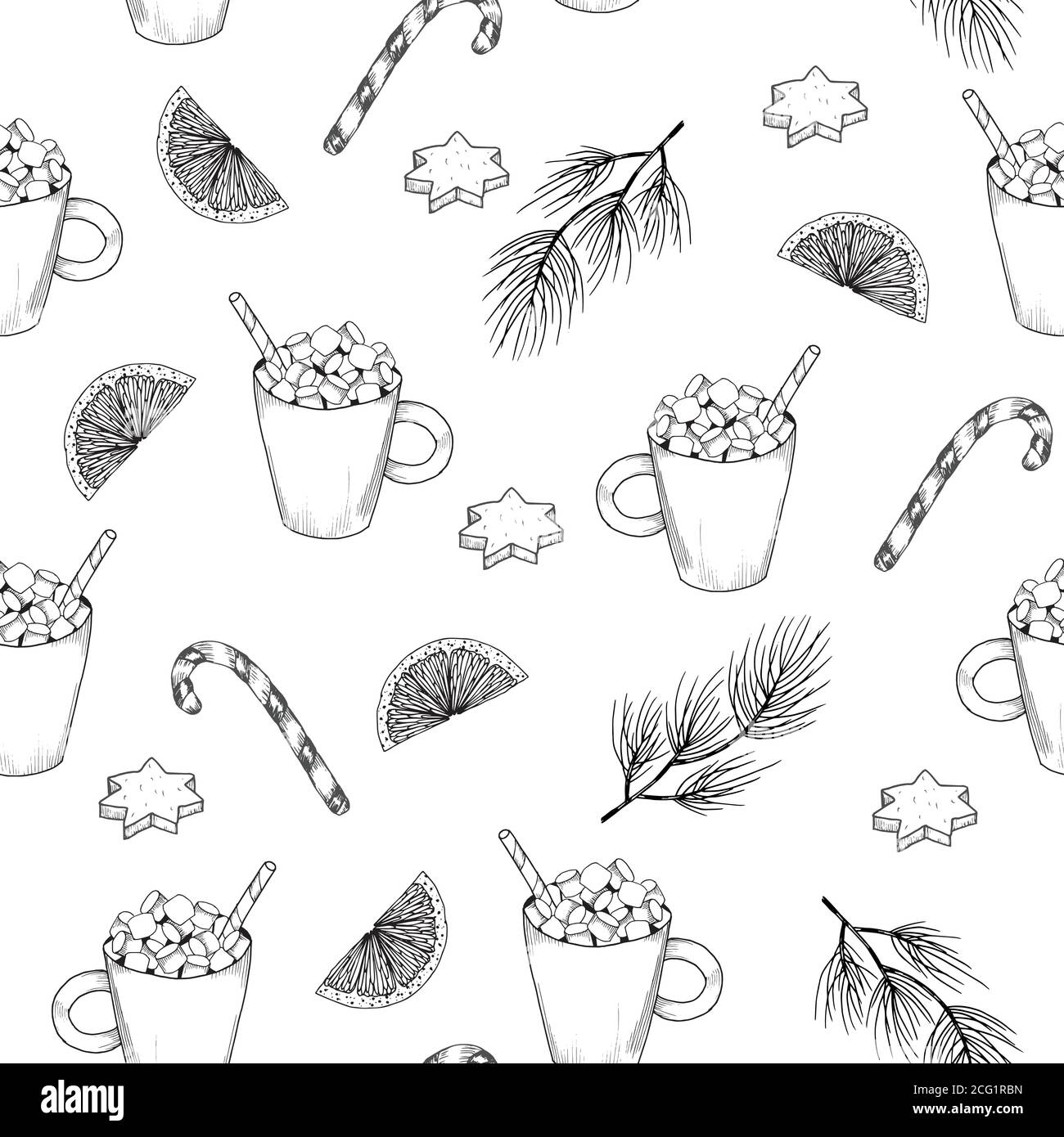 Hand drawn seamless pattern with desserts. Coffee, cocoa, biscuits, cupcake, biscuit cookies. Stock Vector