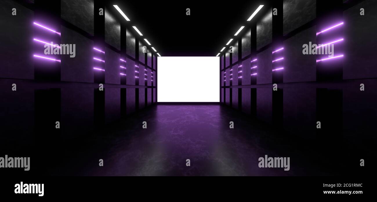 A dark corridor lit by colorful neon lights. Reflections on the floor and walls. Empty background in the center. 3d rendering image. Stock Photo