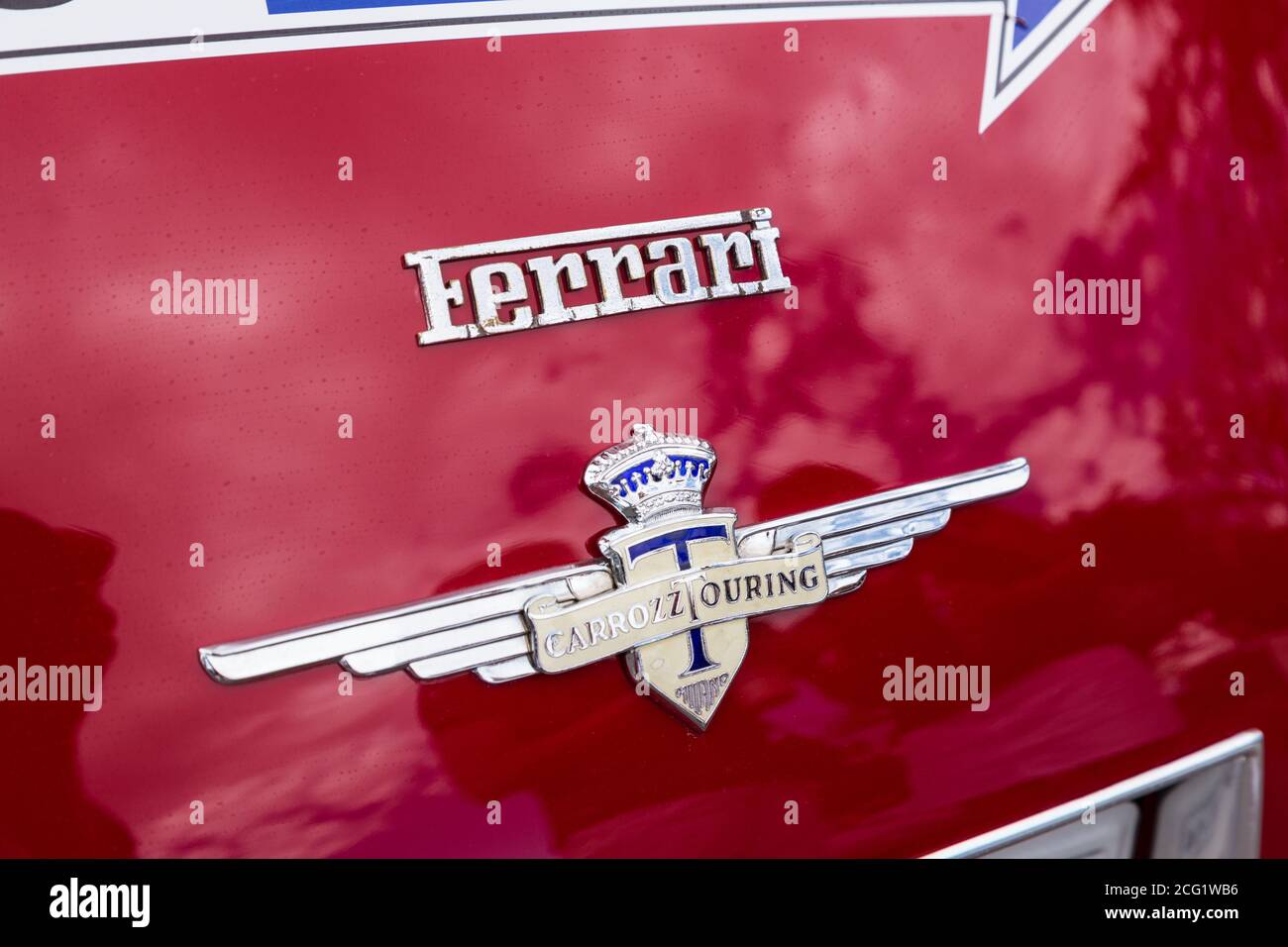 Carrozzeria Touring badge on a 1950 Ferrari 166 MM LeMans Berlinneta.  Only 6 of these cars were produced. Stock Photo