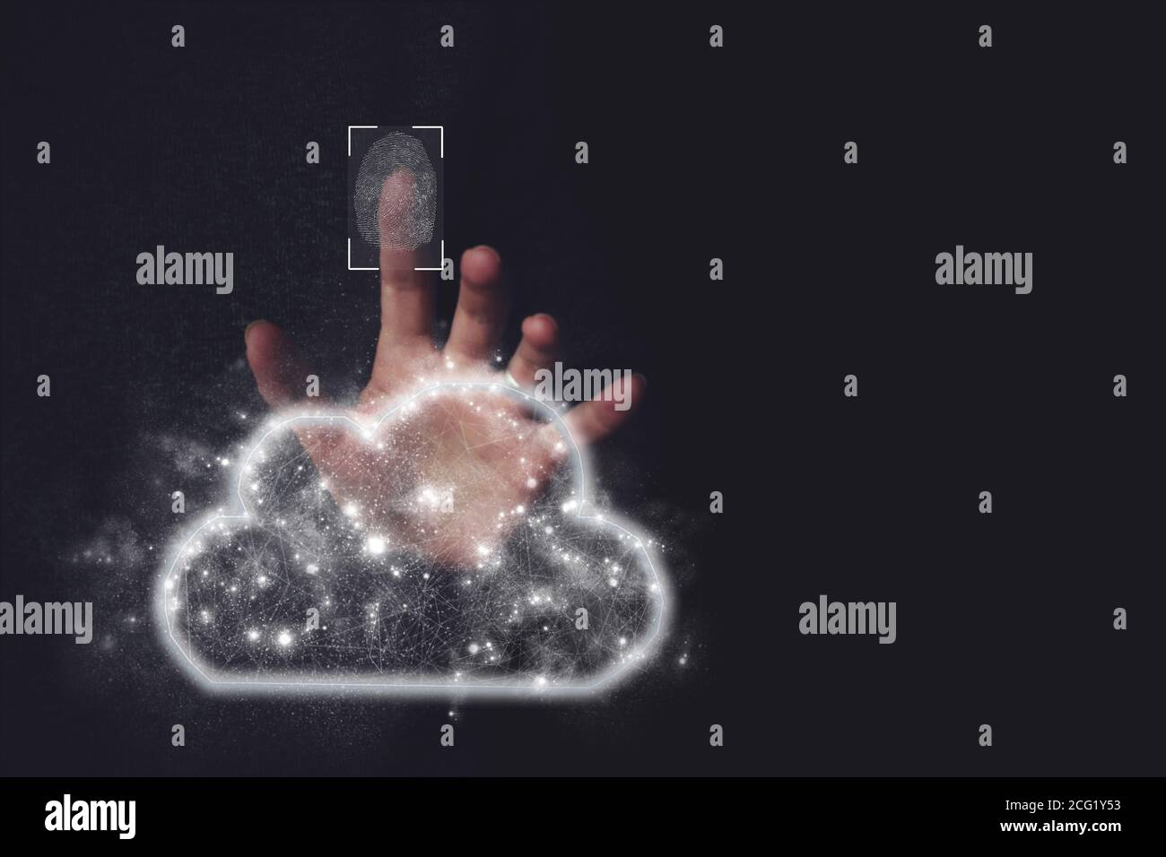 Cloud save computing concept - connect to cloud. Fingerprint protect cloud data. security Stock Photo