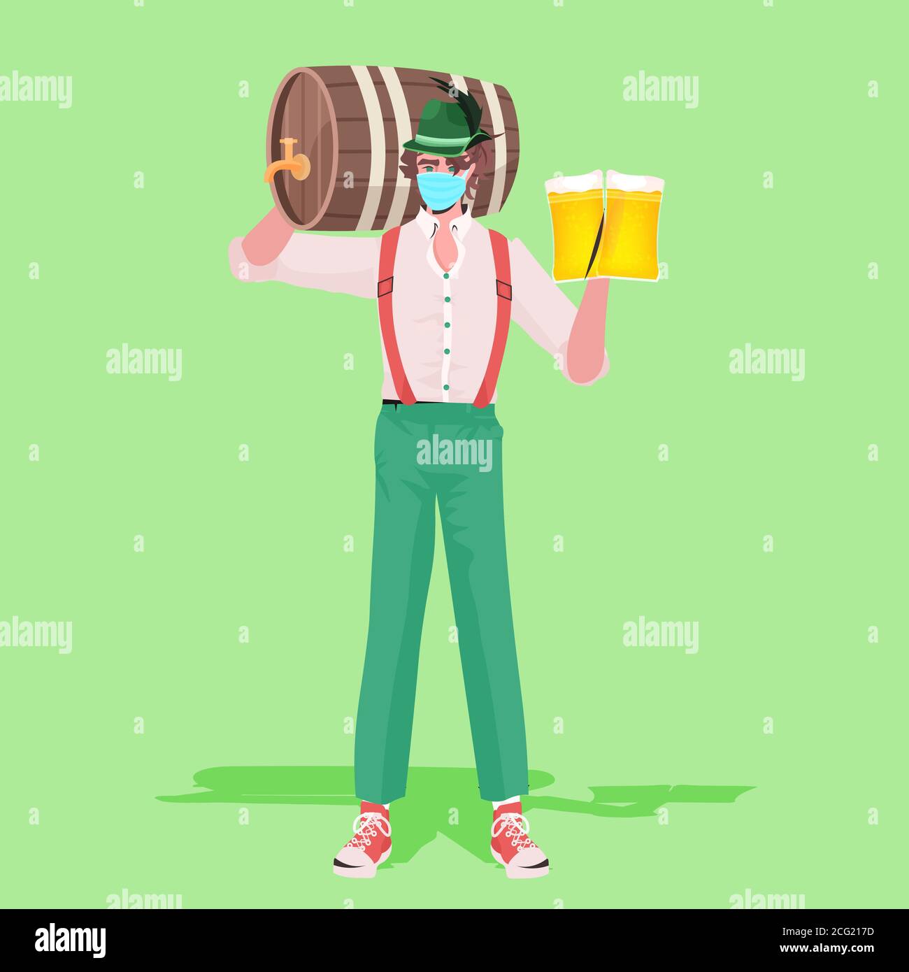 man in medical mask holding beer mugs and barrel Oktoberfest party