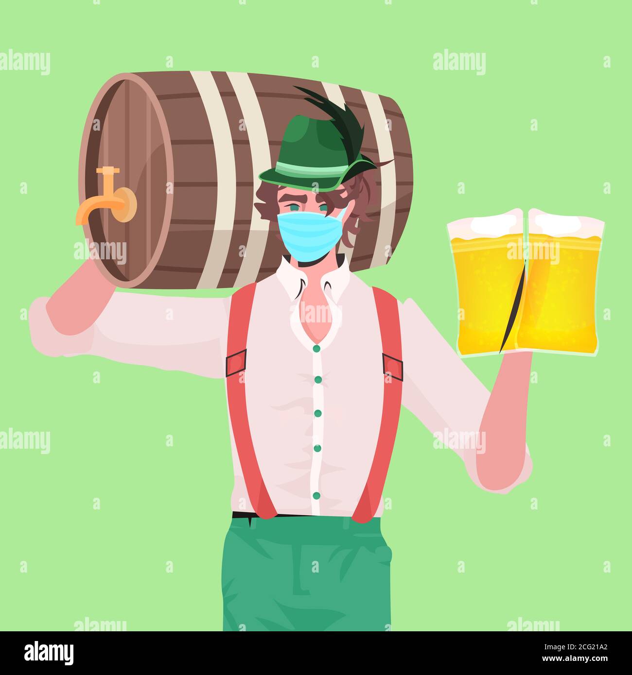 man in medical mask holding beer mugs and barrel Oktoberfest party