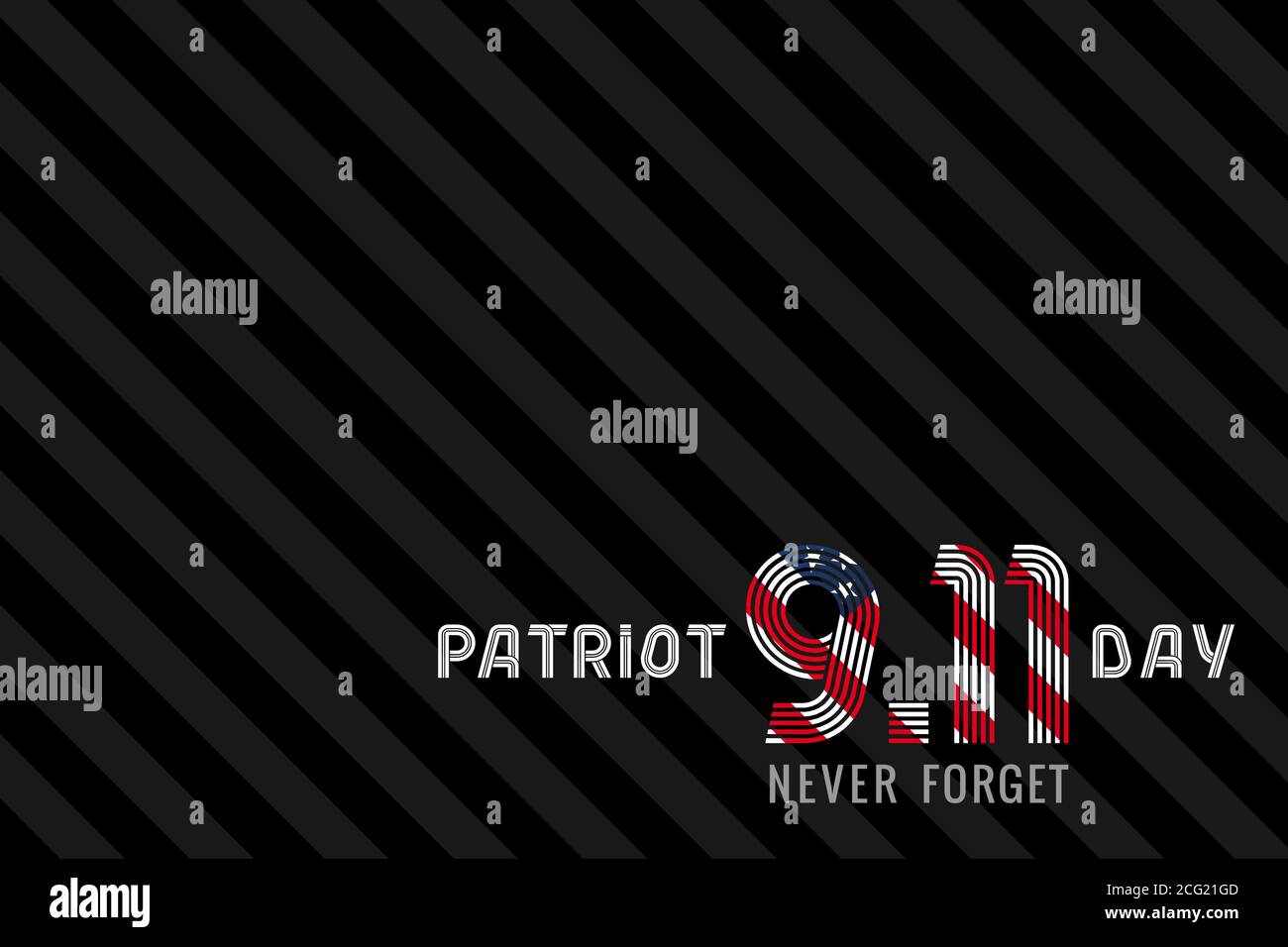 Patriot day USA, Never forget 9/11 striped background. September 11, We Will Never Forget text on black lines Stock Vector