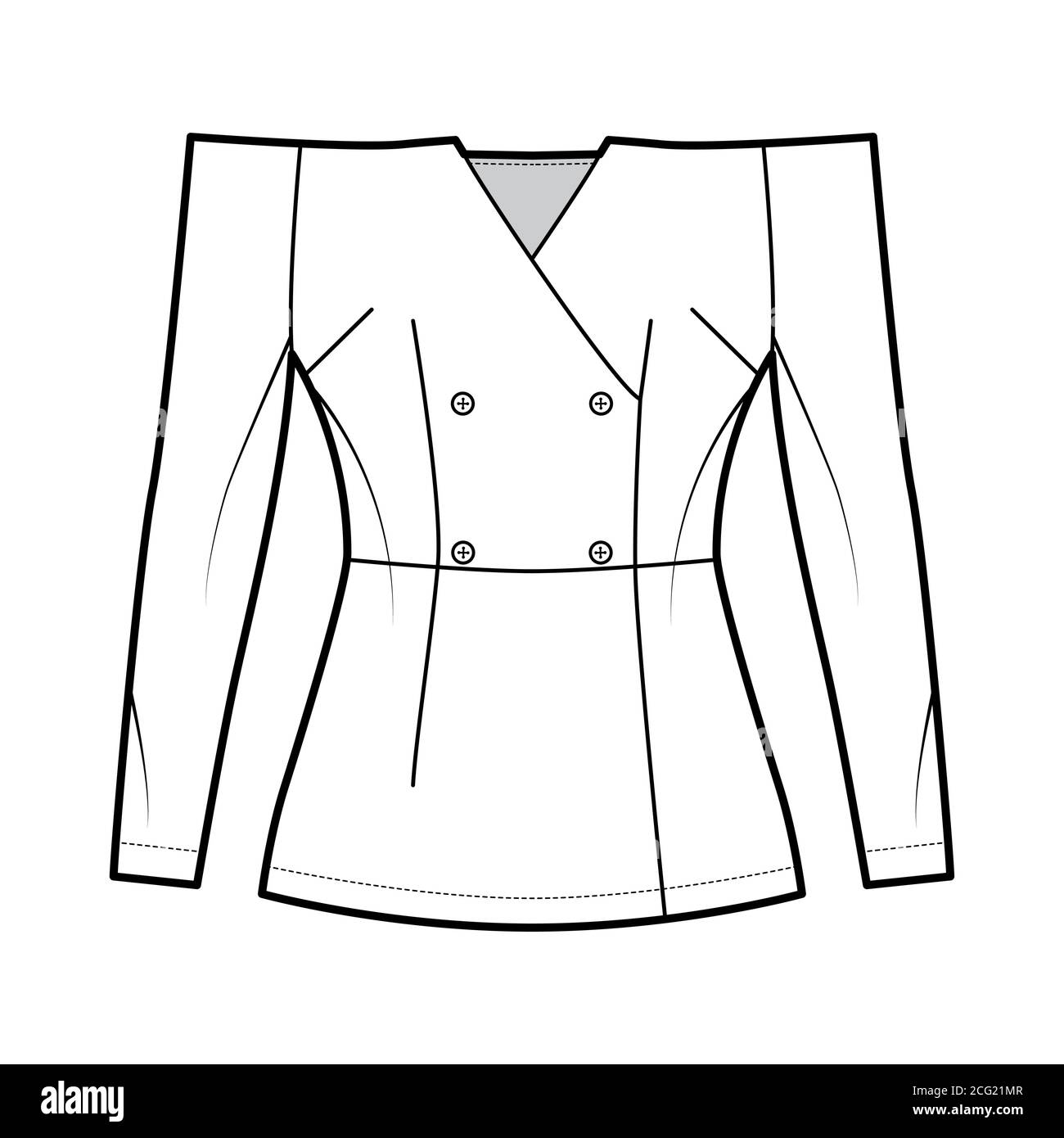 Download Off The Shoulder Double Breasted Top Technical Fashion Illustration With Fitted Silhouette Long Sleeves Button Opening Flat Jacket Template Front White Color Women Men Unisex Blazer Cad Mockup Stock Vector Image Art Alamy