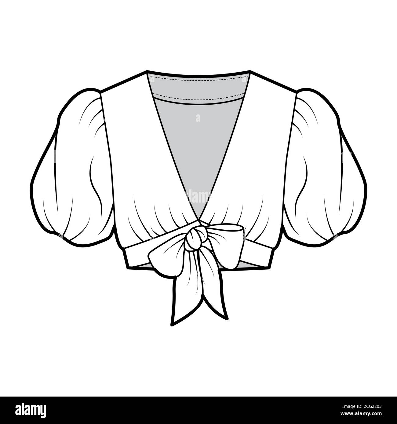 Tie-front cropped shirt technical fashion illustration with voluminous short puff sleeves, plunging neckline. Flat blouse apparel template front, white color. Women, men, unisex top CAD mockup.  Stock Vector