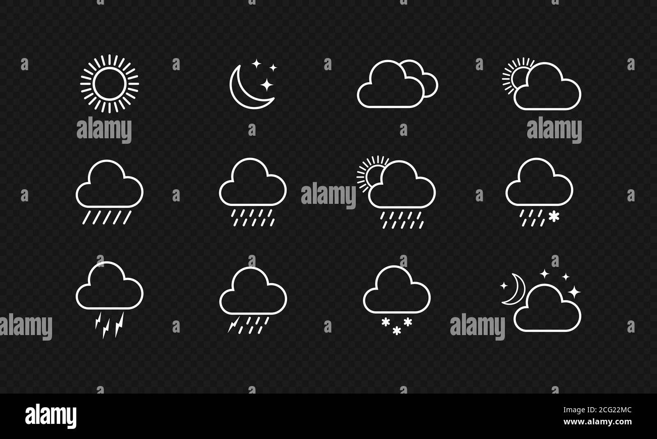 Weather icon set. Raining, snowing, sunny, cloudy. Vector on isolated black background. EPS 10 Stock Vector