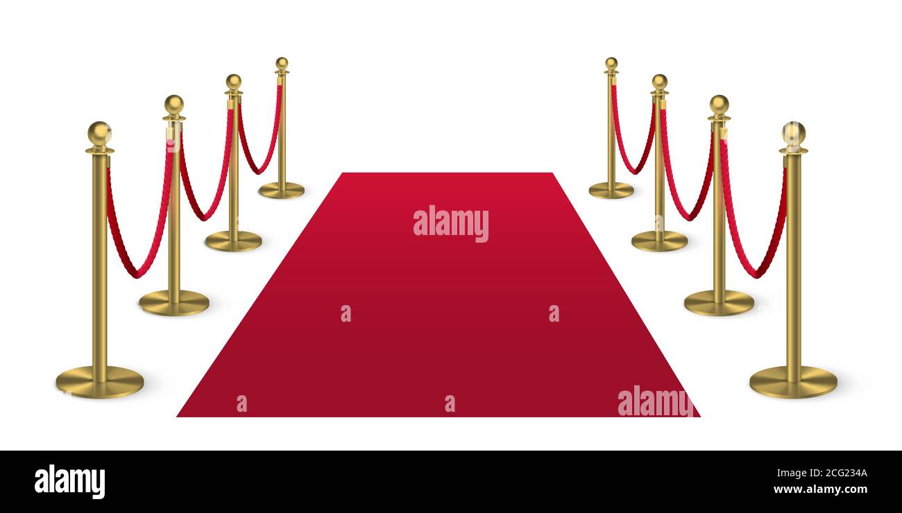 Red carpet with golden columns guard isolated on white background. Entertainment, festival event, reward ceremony. Vector design for cinema premiere Stock Vector