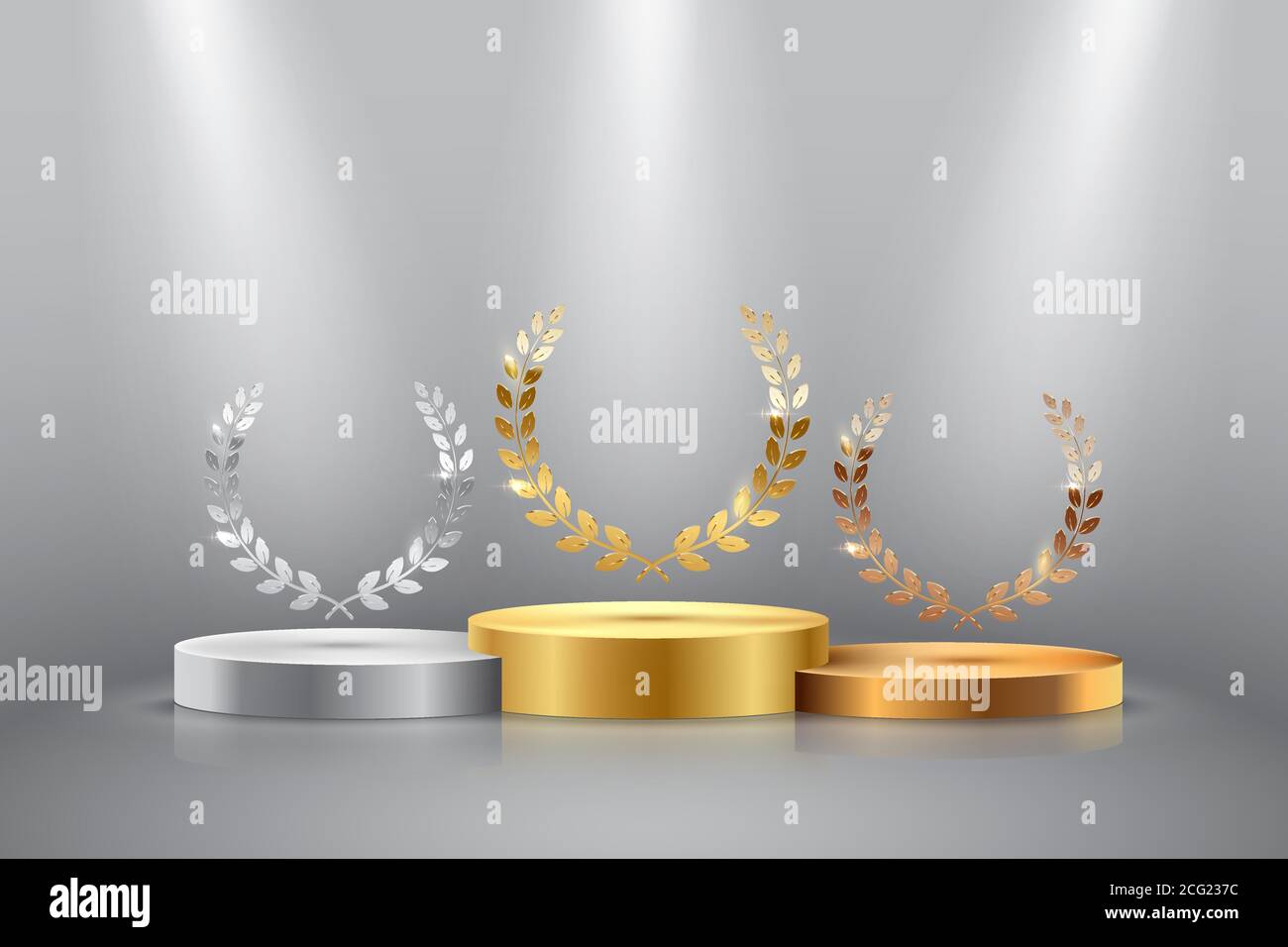 Winner background with golden, silver and bronze laurel wreaths with ribbons on round pedestal isolated on gray background. Vector winner podium Stock Vector