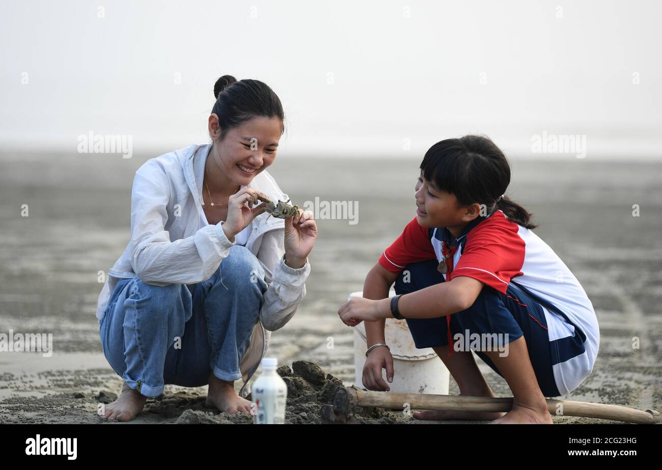 (200909) -- GUANGZHOU, Sept. 9, 2020 (Xinhua) -- Lin Xiaolian (L) and her student catch crabs on a beach of Beili Island in Xuwen County, south China's Guangdong Province, Sept. 2, 2020. Six years ago, Lin Xiaolian came to this island as a volunteer teacher after graduating from Lingnan Normal University in Guangdong. And then she chose to stay here to be a teacher. The remote and poverty-stricken island village of Beili hardly sees outsiders. There are no restaurants, hotels nor cars on the island covering only 7 square kilometers. Beili Primary School has over 300 students, but is staf Stock Photo