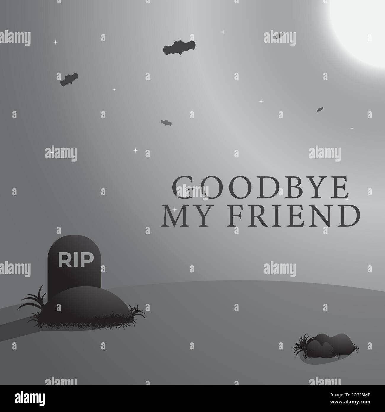 Goodbye My Friend, Rest In Peace Greeting Card Design Template. Graves And Bats In The Moonlight Vector Illstration. Monochrome, Black And White Color Stock Vector