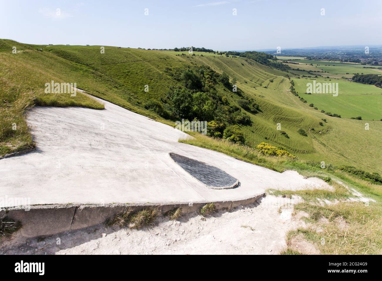 Eye of the White Horse on hill in Wiltshire, England, which was carved into chalk grassland in the late 1600s, Legend suggest it was created to commem Stock Photo
