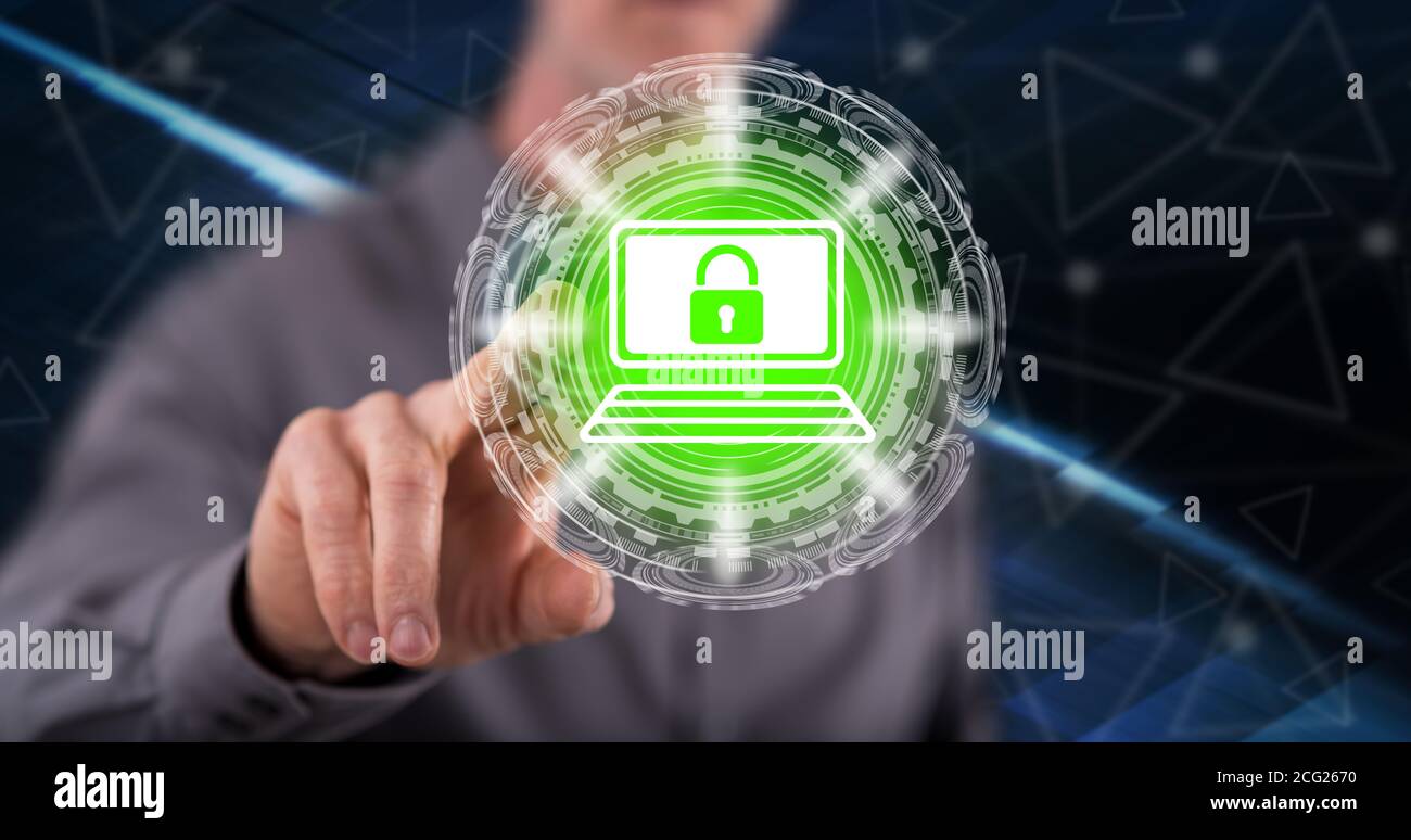 Man touching a cyber security concept on a touch screen with his finger ...