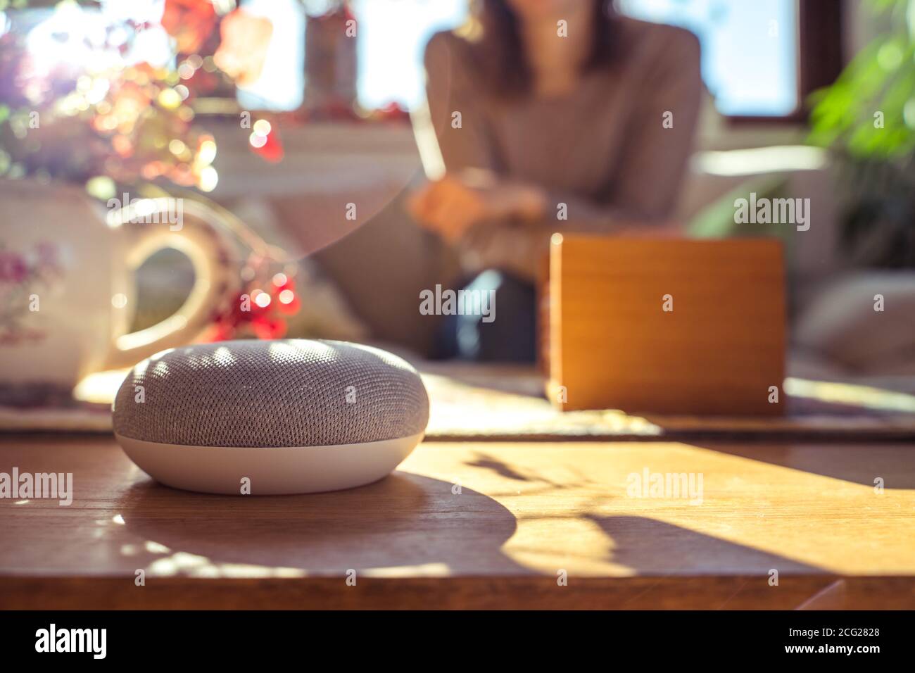 Woman talking to Smart speaker at home Stock Photo