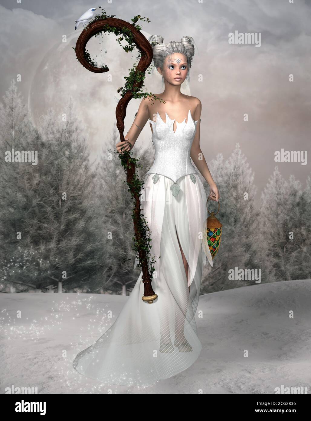 navy blue dress for baby girl Fantasy bride fairy dressed in white in a winter landscape Stock Photo